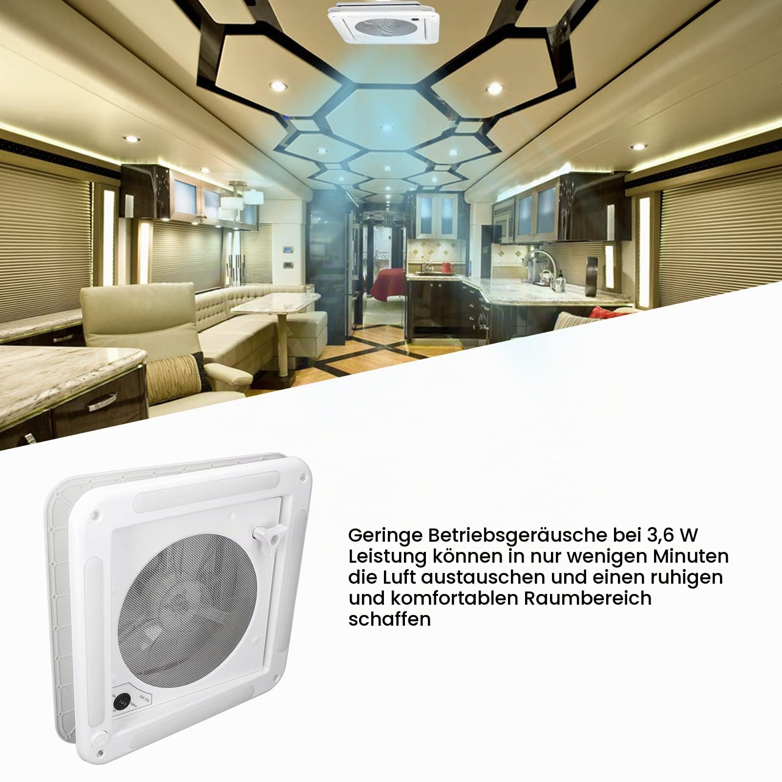 Wohnmobil Dachventilator, umkehrbar mit Licht geräuscharm insektensicher Deckenventilator 12V 3,6W for Wohnmobil Boot Reisemobil Wohnwagen