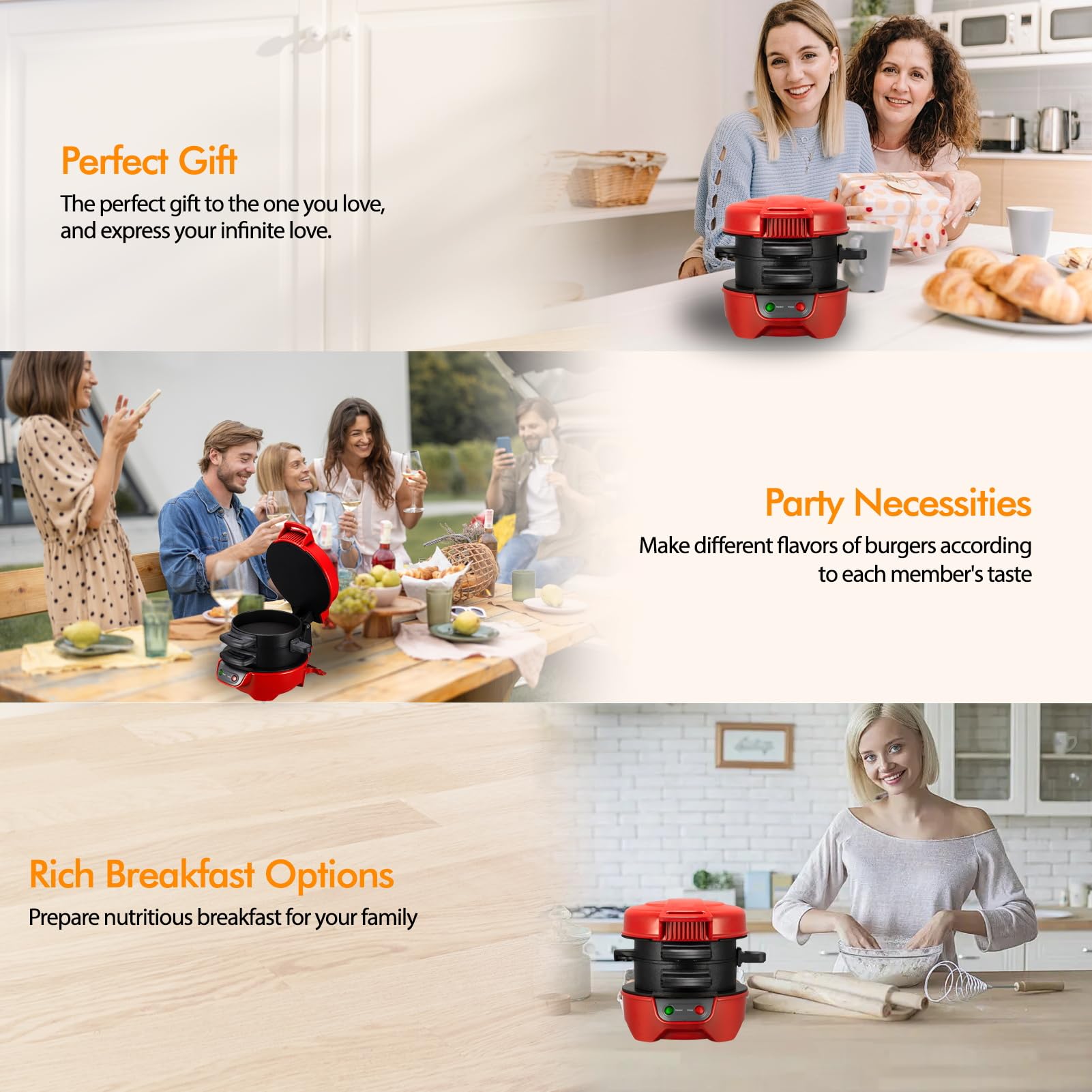 Elektrischer Sandwichtoaster Burger Maker, Muffin Maker & Gegrillter Sandwichmaker, Mit OmelettRing, Kochplatten Mit Nicht-Stick, Perfekt Für Hamburger, Snacks, Schnelles Frühstück (Rot)