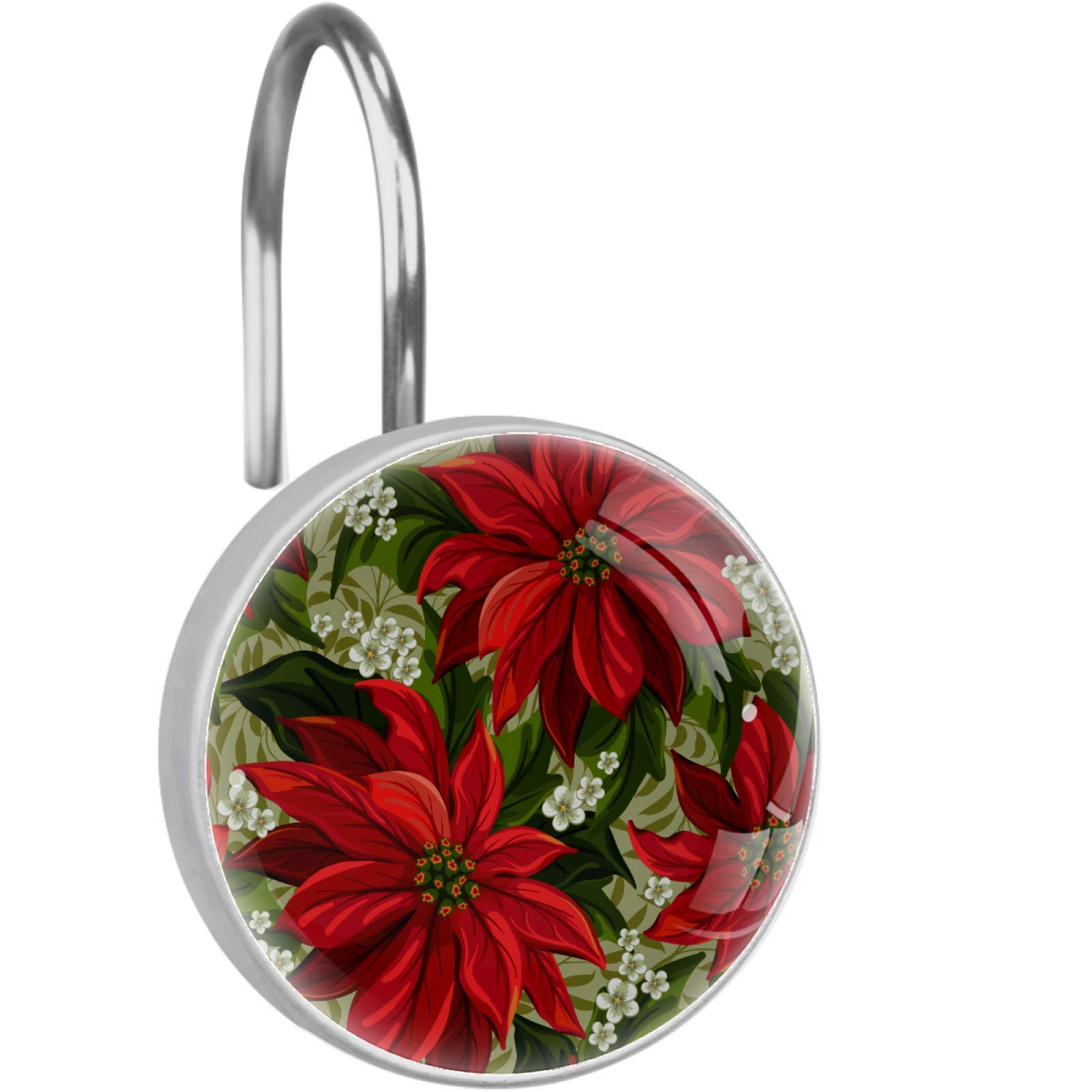 Siebzeh Wonderful Poinsettia Flower 12PCS Shower Curtain Hooks Metal Resin Hooks Anti Rust Glass Stainless Steel Hooks for Bathroom Baby Room Living Room Home Decor