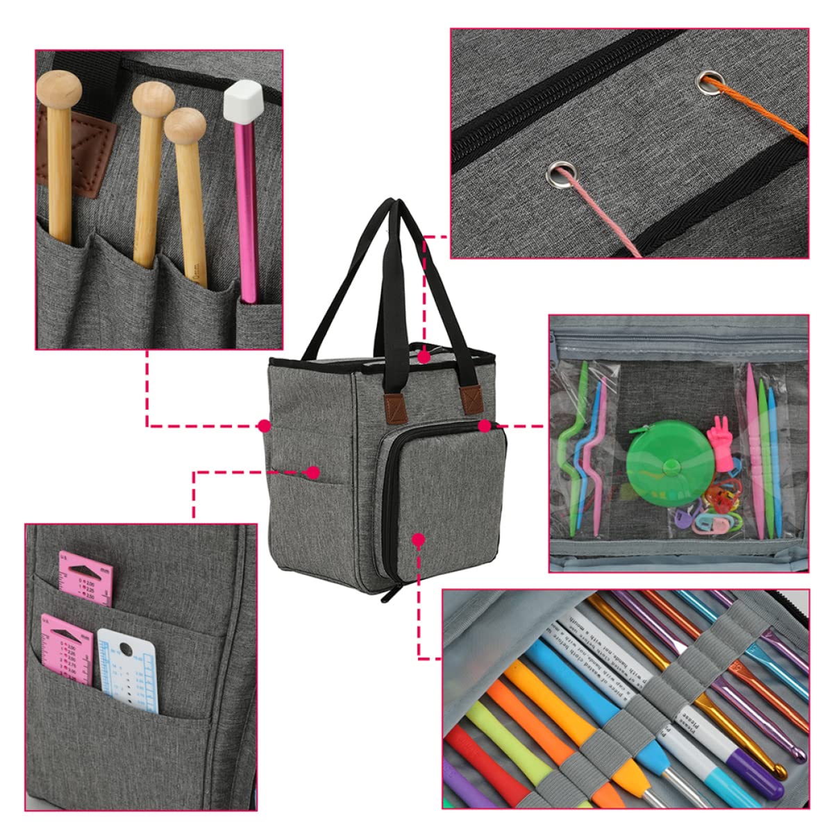 Große Aufbewahrungstasche für Strickzeug aus Stoff mit Mehreren Fächern und Schulterriemen für Stricken und Reise Praktischer Organizer für Wollgarn
