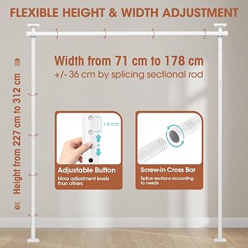 WELDUN Room Divider Curtain Rods, No Drill Damage Free Stand Curtain Rods, | Floor Standing drapery rod, Heavy Duty Vertical Tension Curtain Brackets 227-312 cm.(H) 71-178 cm.(W), White