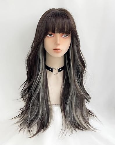 WKLOUYHE Long Wavy Wig for Women Synthetic Curly Wig with Bangs Fibre Cosplay Wig for Girls Daily Use Colorful Wigs (Black+Brown+White) - Black+Brown+White