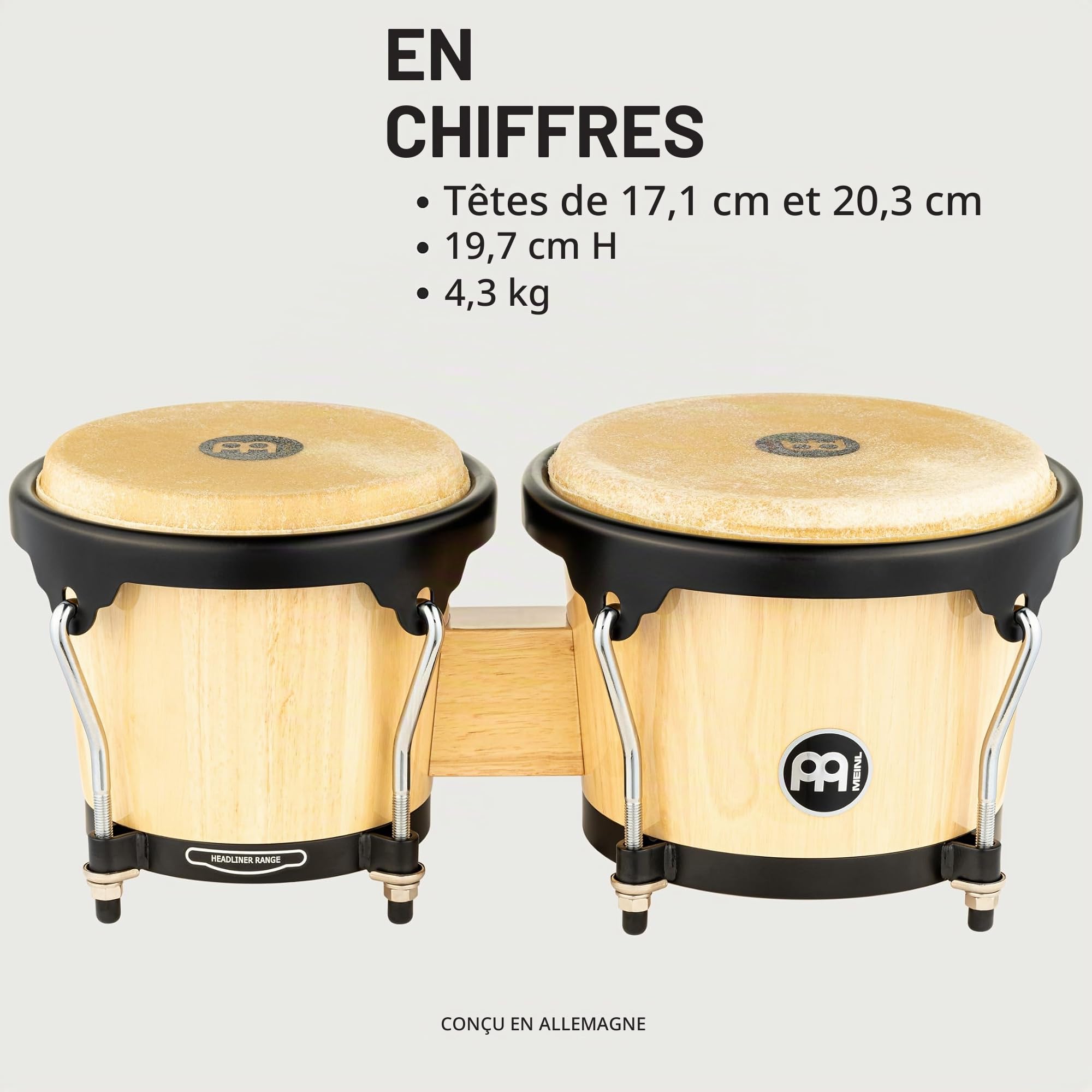 Meinl Percussion Bongos Headliner Wood - deux hand drums de 6,75 et 8 pouces - avec clé d'accord - chêne du Siam, Naturel (HB100NT)