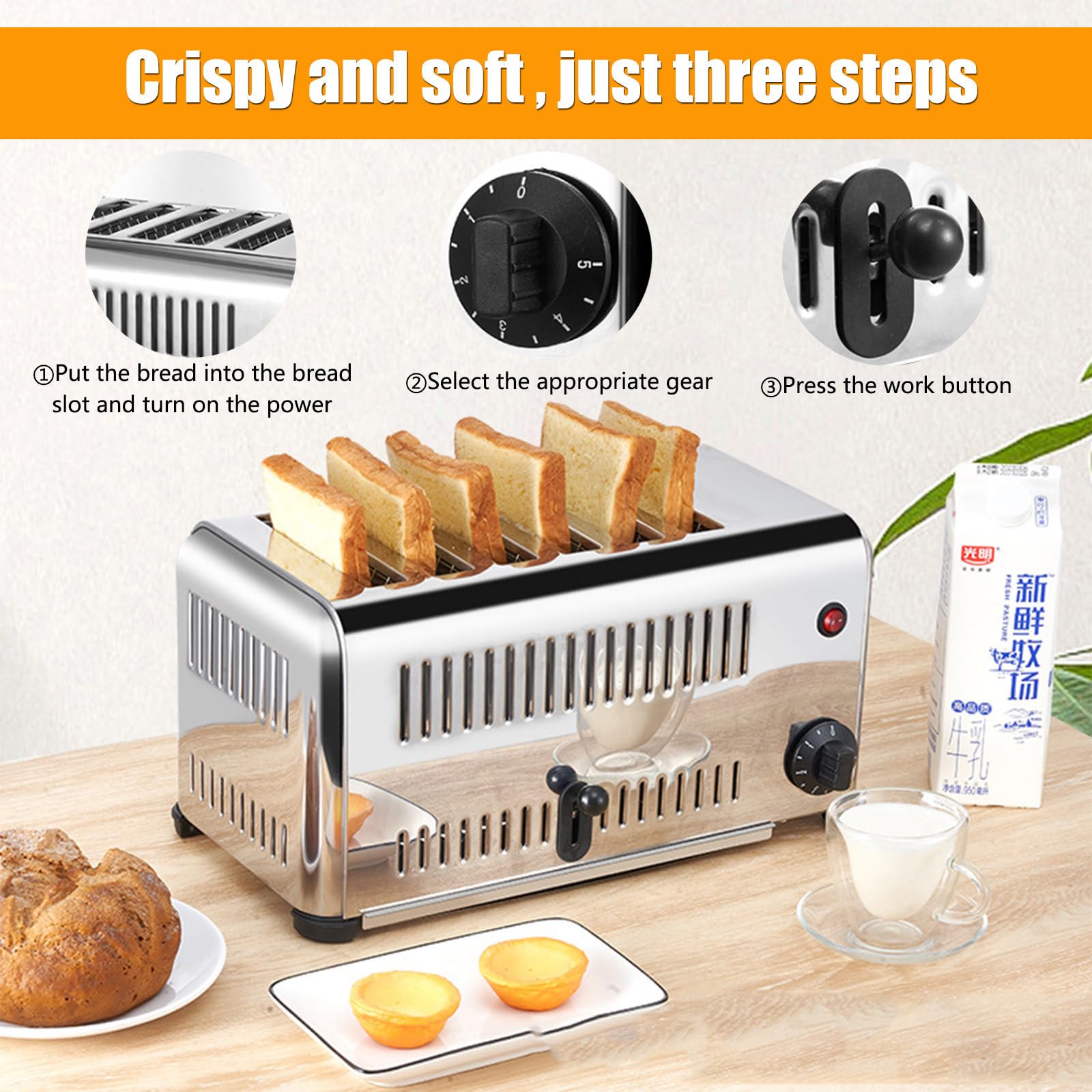 Comercial Tostadoras, Tostadora de 4/6 rebanadas con Ranuras Anchas, Tostadora eléctrica con 2 Modos y Temporizador de 1 a 5 Minutos, para máquina para Hornear Pan de Restaurante,4-Slice