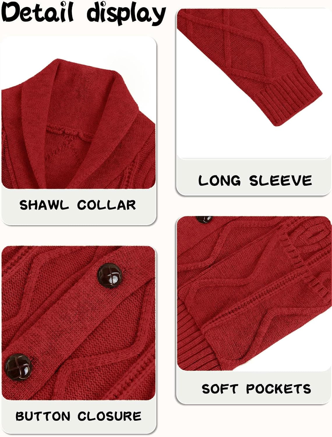 Boy's Sweater Cardigan Button Down Shawl Collar Cable Knitted Outwear Long Sleeve Sweater Coats with Pockets - Image 6