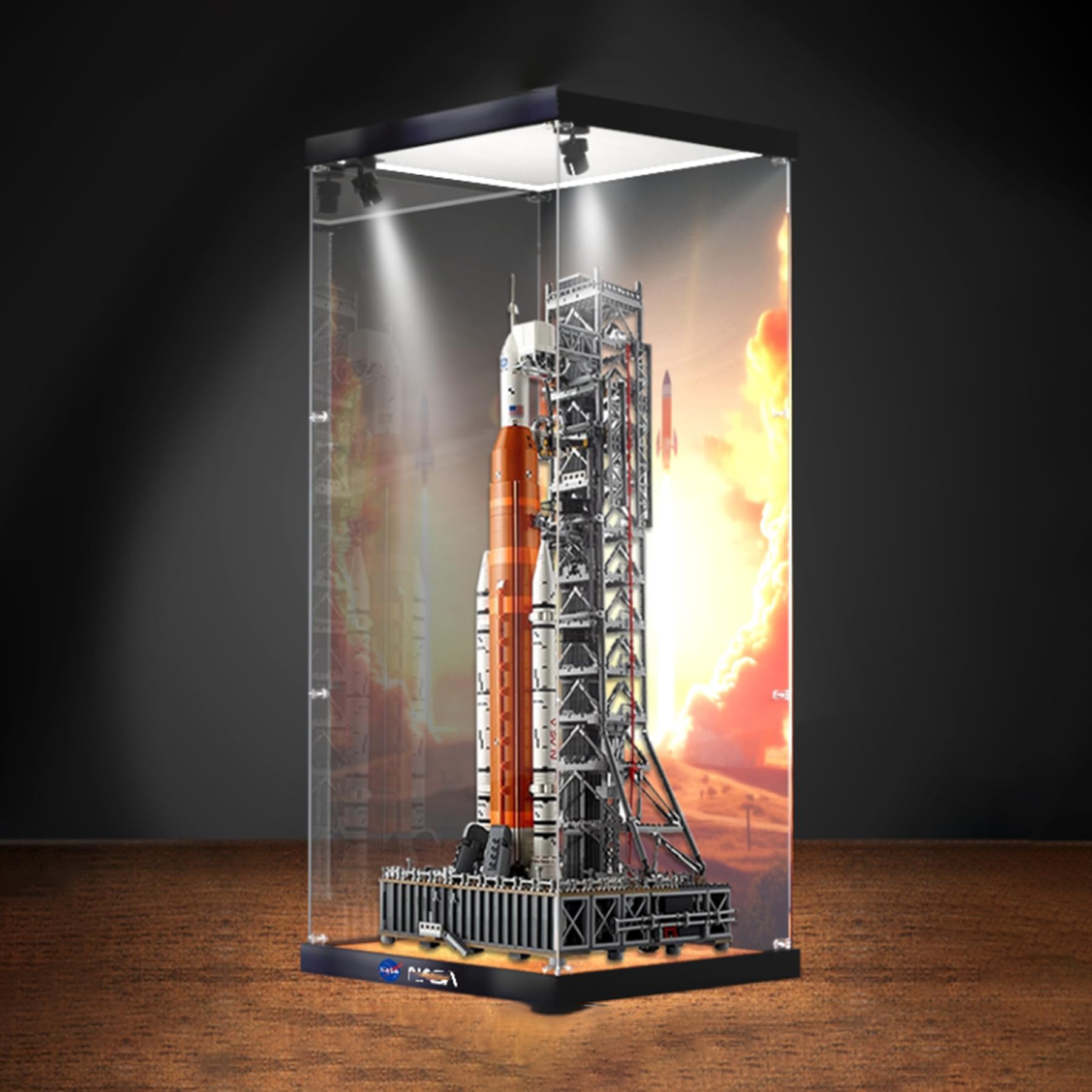 XNSHENGXAN Acrylic Display Case Compatible to Lego #10341 Artemis Space Launch System (13.7*13.7*29.5in), Display Cases for Collectibles, Sturdy Protection for Your Collectible,High base+background+li