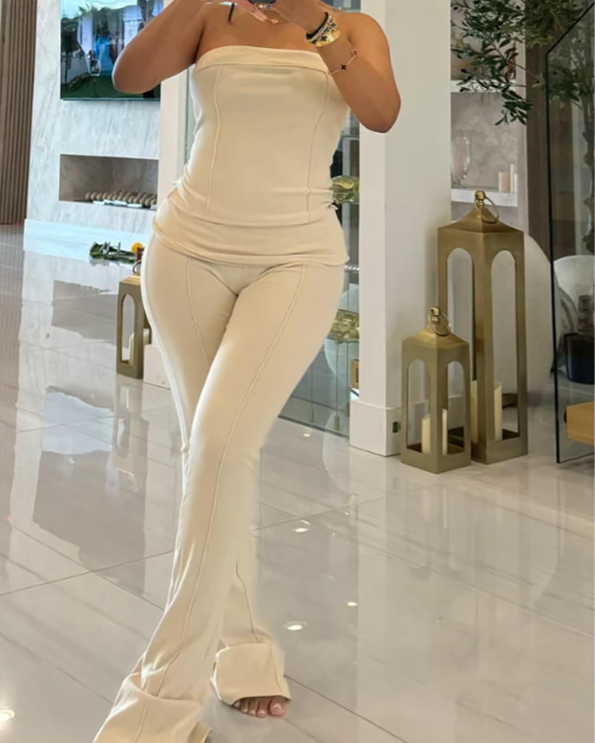 Ekaliy Women's 2 Piece Strapless Tube Top & High Waist Flared Pants Set Summer Vacation Travel Airport Lounge Outfits - Image 2