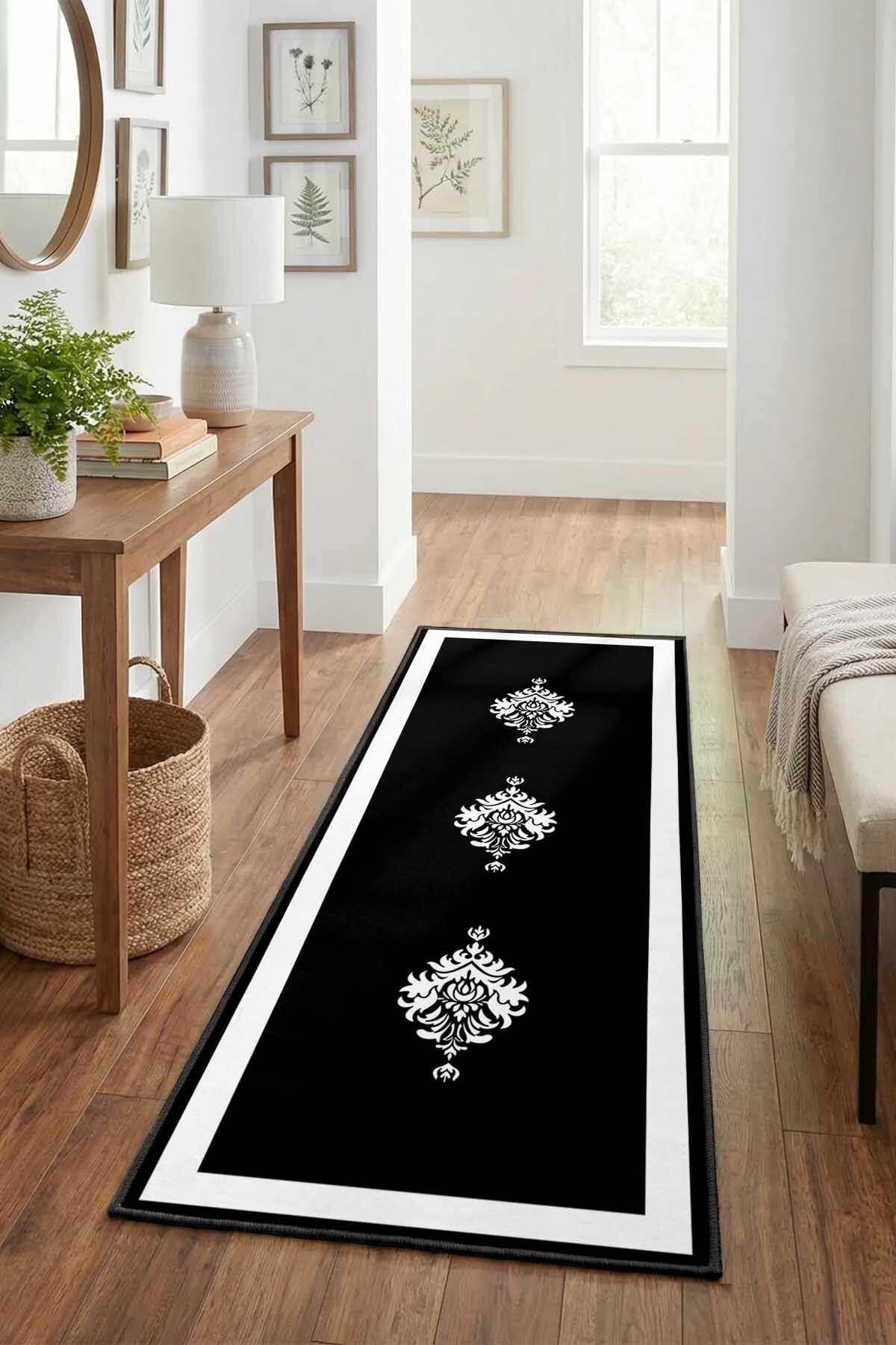 Monnhein Beyaz Siyah Yolluk Black-8 - Yıkanabilir, Kaymaz Taban, Dijital Baskılı, Leke Tutmaz, İnce Hav, Modern Koridor, Mutfak, Antre ve Salon için Dekoratif Yolluk