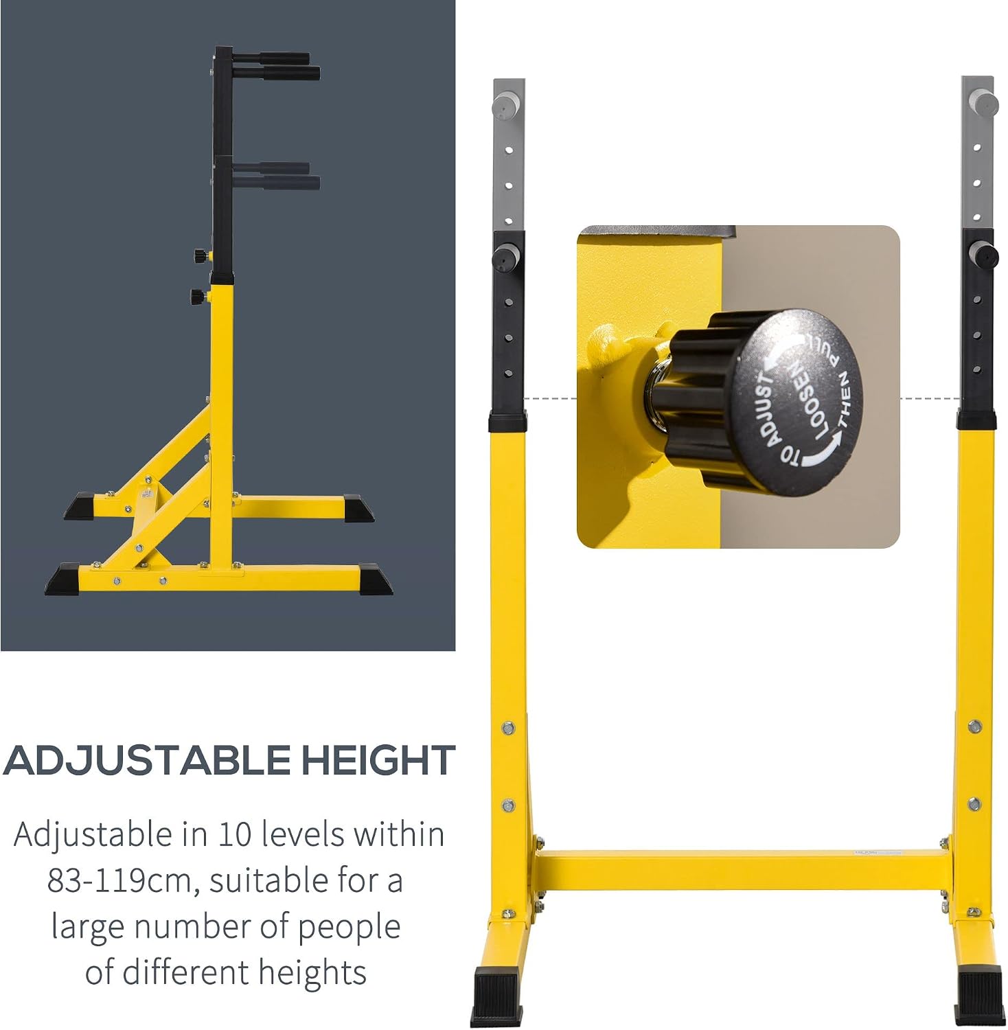 Image illustrating the adjustable height mechanism of the dip station, showing the knob to loosen and pull for adjustment.