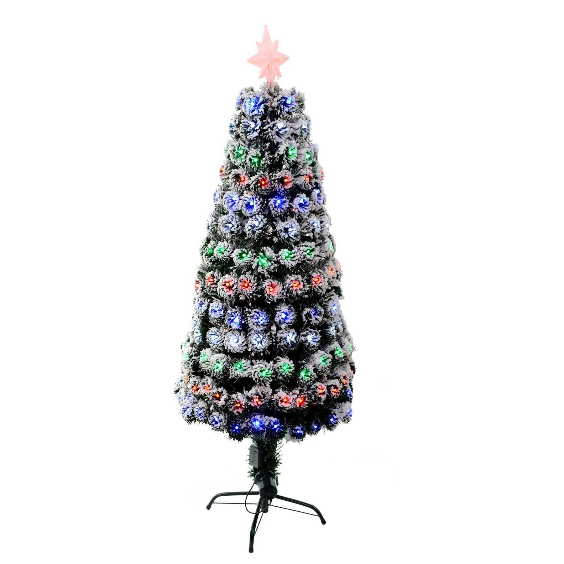 3Ft/90cm Snow-Frosted Fibre Optic Christmas Tree with Star Topper - Multicolor LEDs 8 Changing Light Modes - Pre-Lit Snowy Artificial Xmas Tree