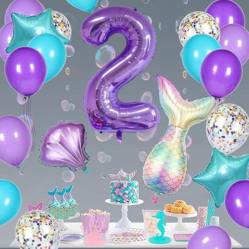Miniatura 5 de Decoraciones de cumpleaños de sirena juego de 25 piezas de suministros de fiesta con cola de sirena, concha, estrella, globos de látex y globo del