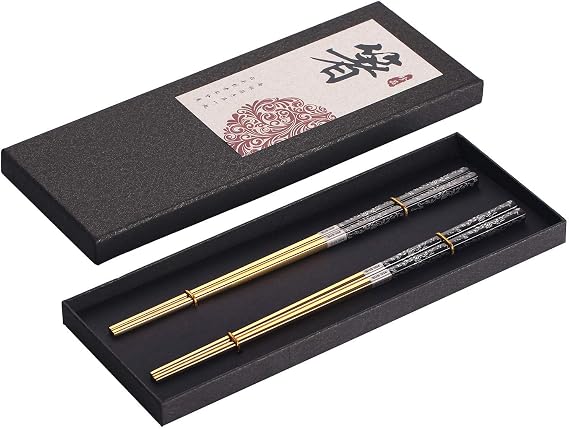 Metal Chopsticks Titanium Plated Stainless Steel Chopsticks Reusable Dishwasher safe Japanese Korean Chopstick lightweight Anti-slip Chop sticks 2 Pairs Blue Gold and 2 Pairs Black Gold Bundle Set