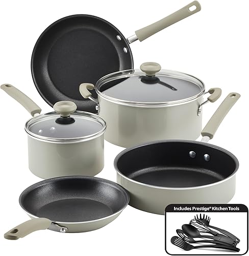 Farberware DuraStrong - Juego de utensilios de cocina antiadherentes, ollas y sartenes, 12 piezas, color gris