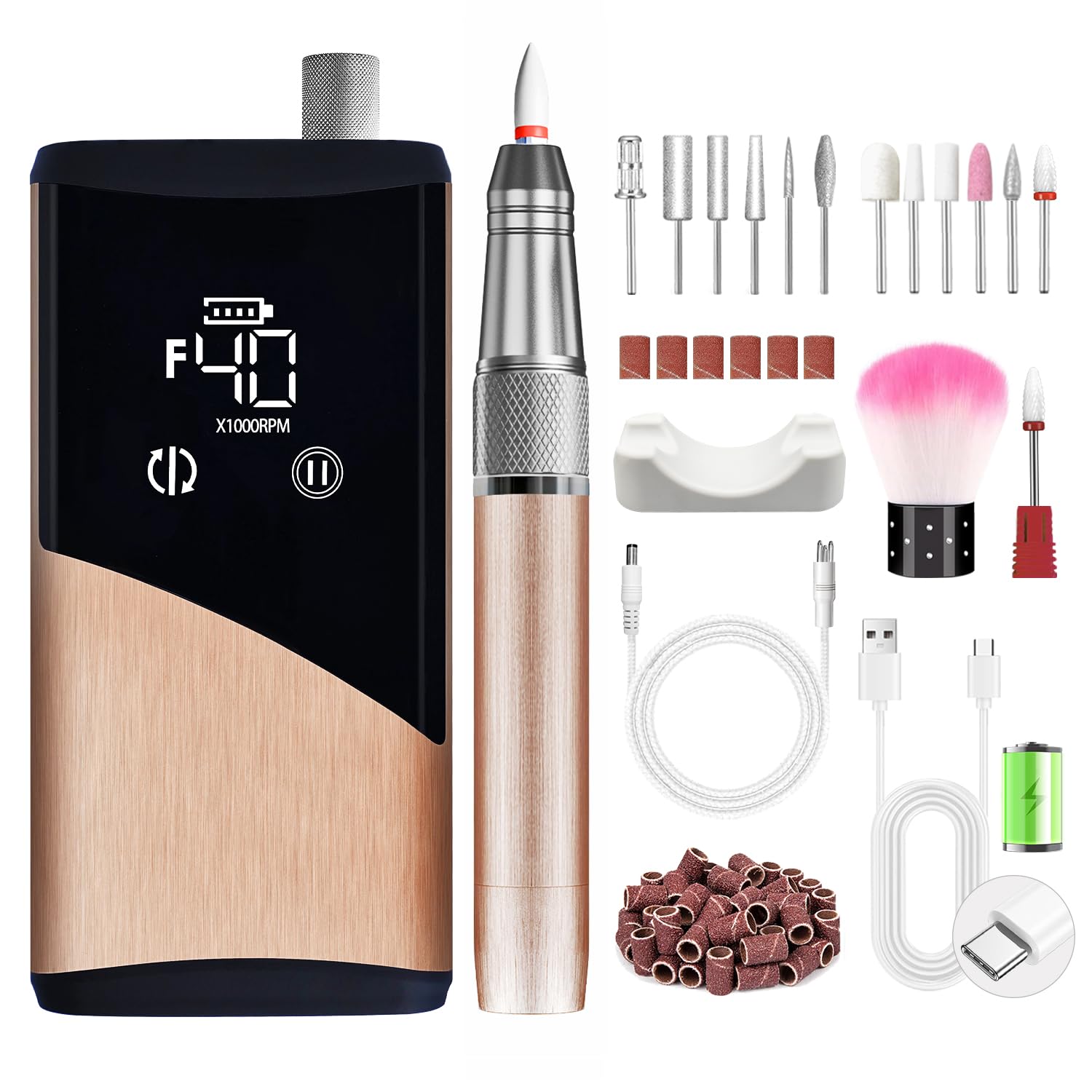 Torno para Uñas Profesional con Motor Brushless 40000 RPM, Autonomía 24H Lima Eléctrica Inalámbrica para Uñas Gel y Acrílico, Pantalla Táctil HD, Kit 13-en-1, Oro Rosa Cepillado | Motor Brushless, 40000 RPM, Autonomía 24H, Aleación de Aluminio, Pantalla T