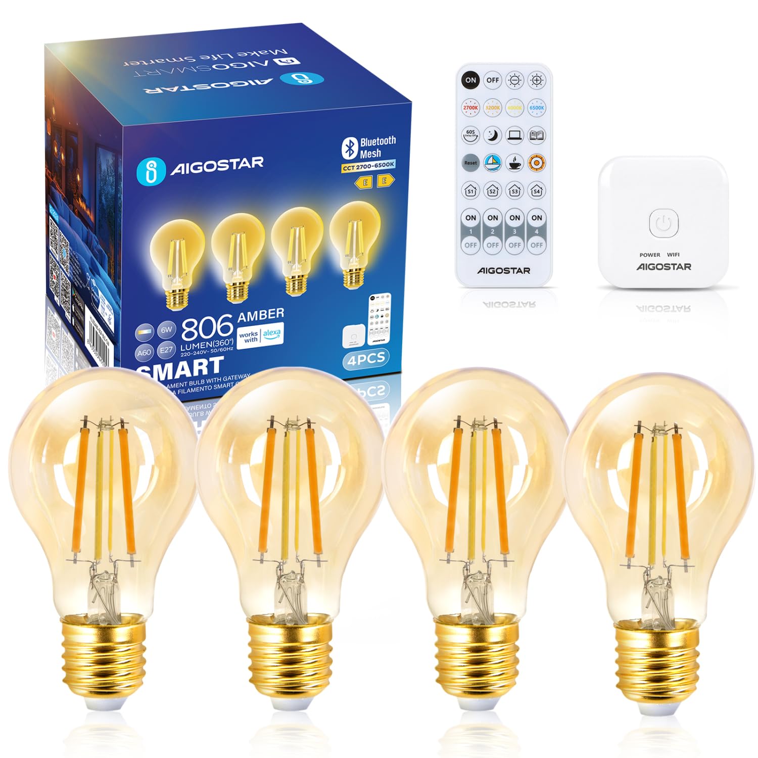 Aigostar Ampoule LED Connectée E27 Bluetooth Mesh A60, Lampe Edison Vintage Dimmable 6W 2700K-6500K, Compatible Alexa, 4 Unités avec Passerelle et Télécommande