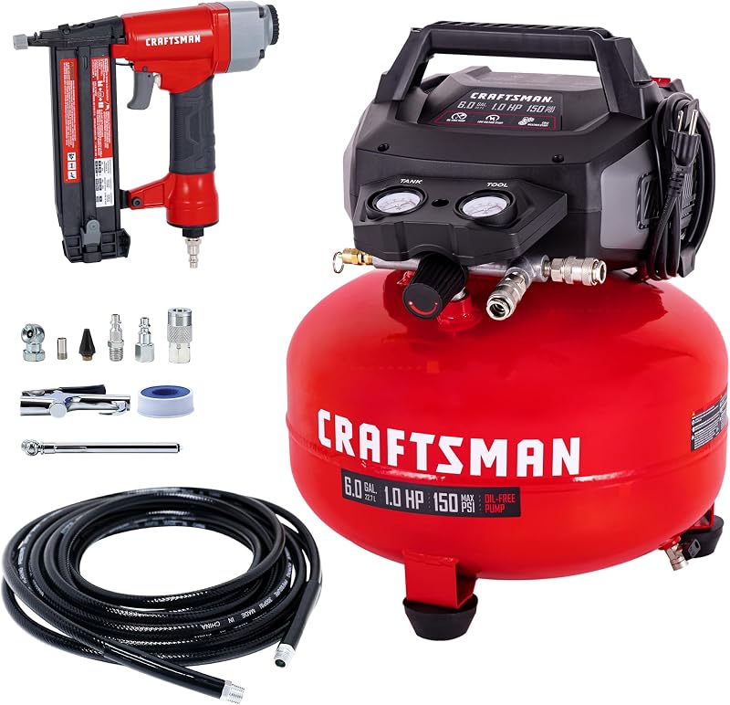 CRAFTSMAN 6 Gallon Pancake Air Compressor, Oil-Free, 150 PSI Kit | Portable, 2.6 SCFM @ 90 PSI, 18GA Brad Nailer And 10-Piece Kit For DIY Projects, Home Improvement, woodworking and Repairs