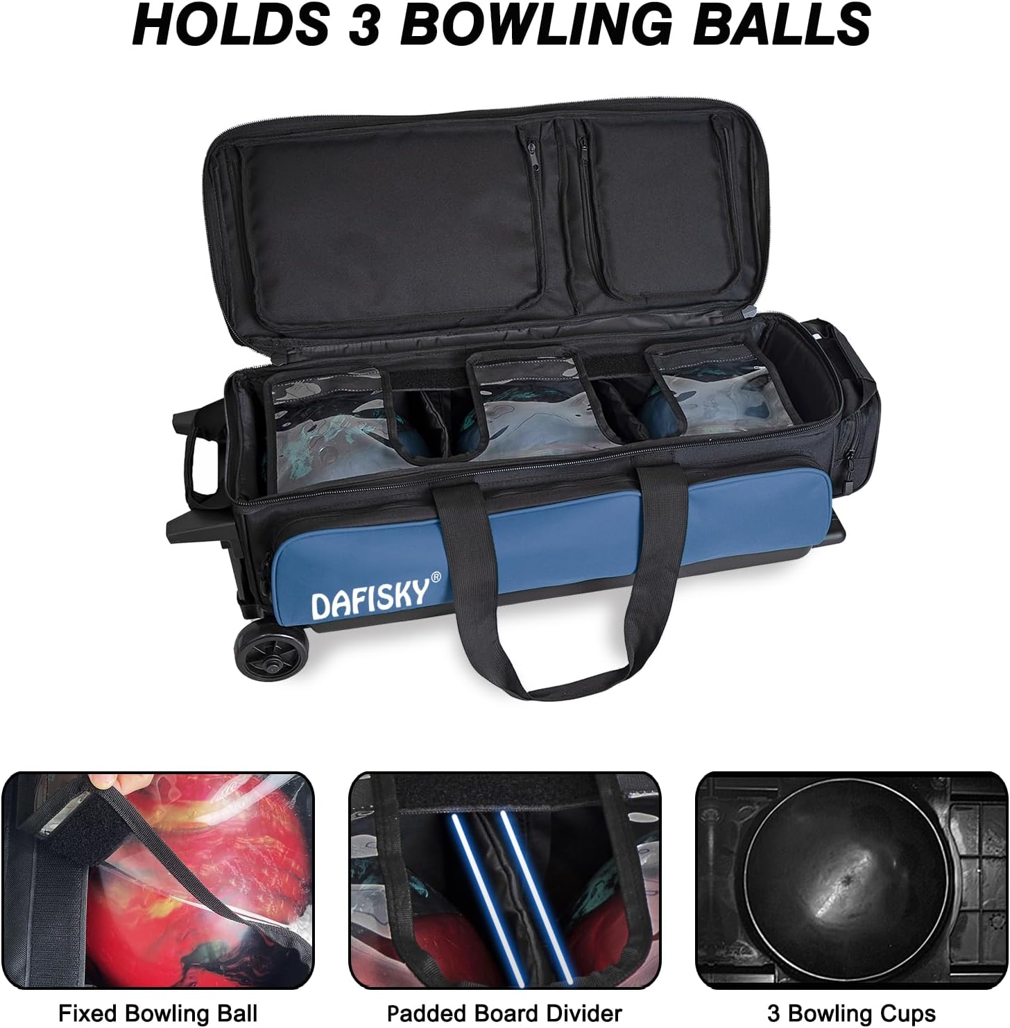 DAFISKY 3 Ball Bowling Bags with Wheels, Roller Bowling Bag with Multiple Pockets Retractable Handle Extends to 38‘’