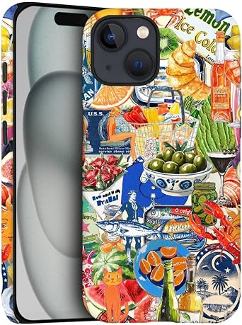 DJSOK Compatible with iPhone 14,Frosted PC Anti-Scratch Shockproof Case - European Retro Fruit Fish Collage