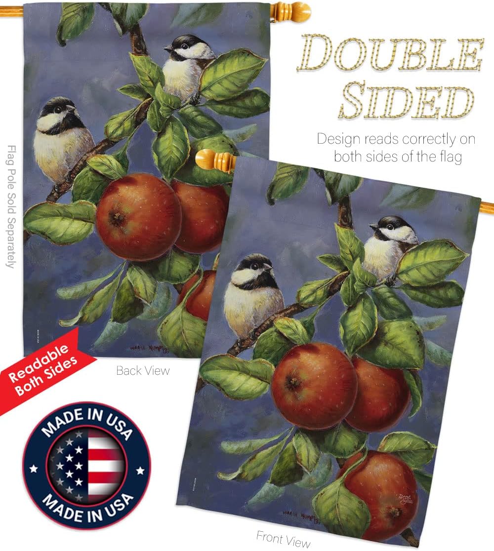 Breeze Decor - Chickadees & Apples Garden Friends - Everyday Impressions Decorative Vertical House Flag 28" x 40" Printed in USA
