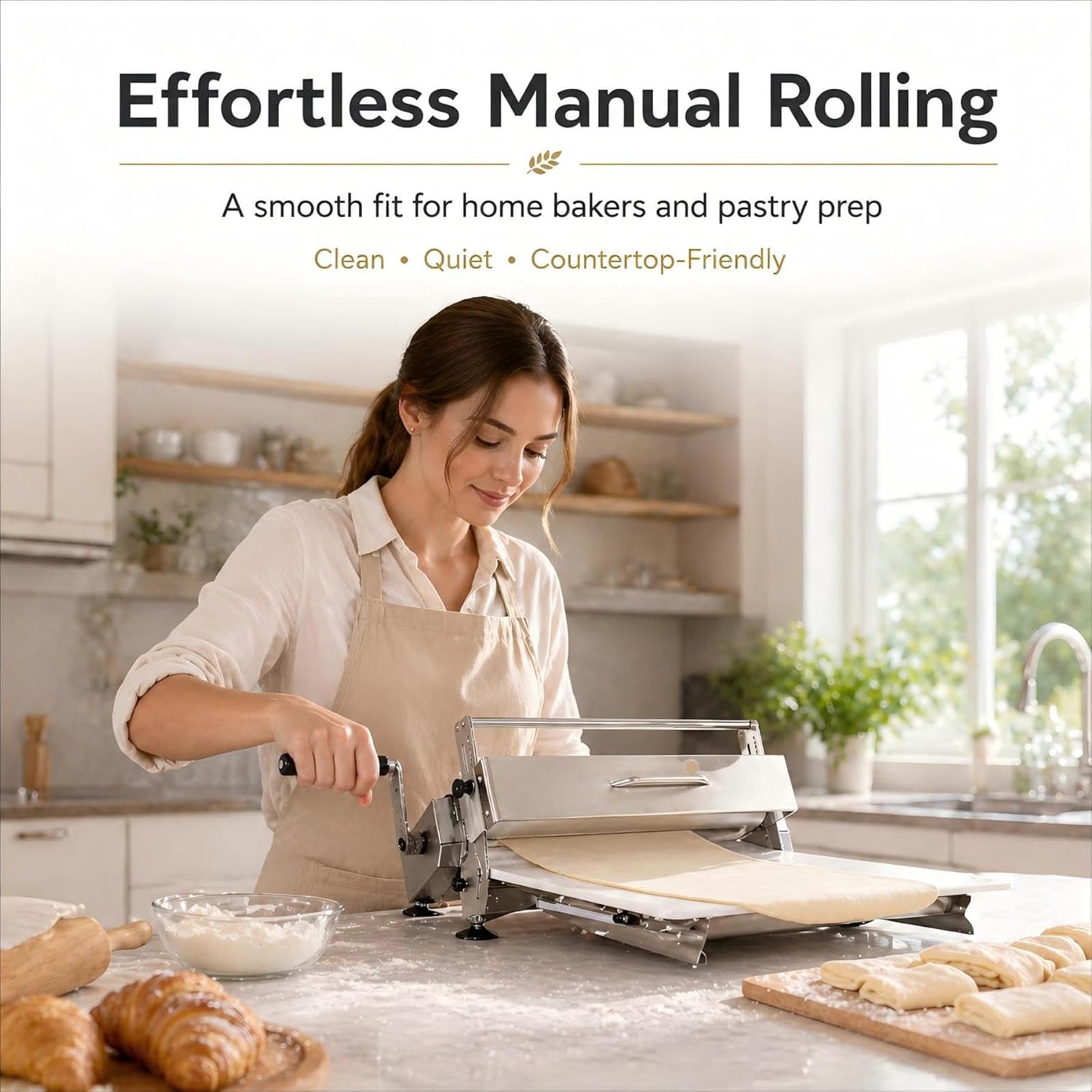 Croissant-Teiglaminator Aus Edelstahl, 0-25mm Einstellbar | Commercial Pizza Dough Roller Sheeter, mit GroßE Antihaftbeschichtete Teigplatte Zur Herstellung Von Backwaren