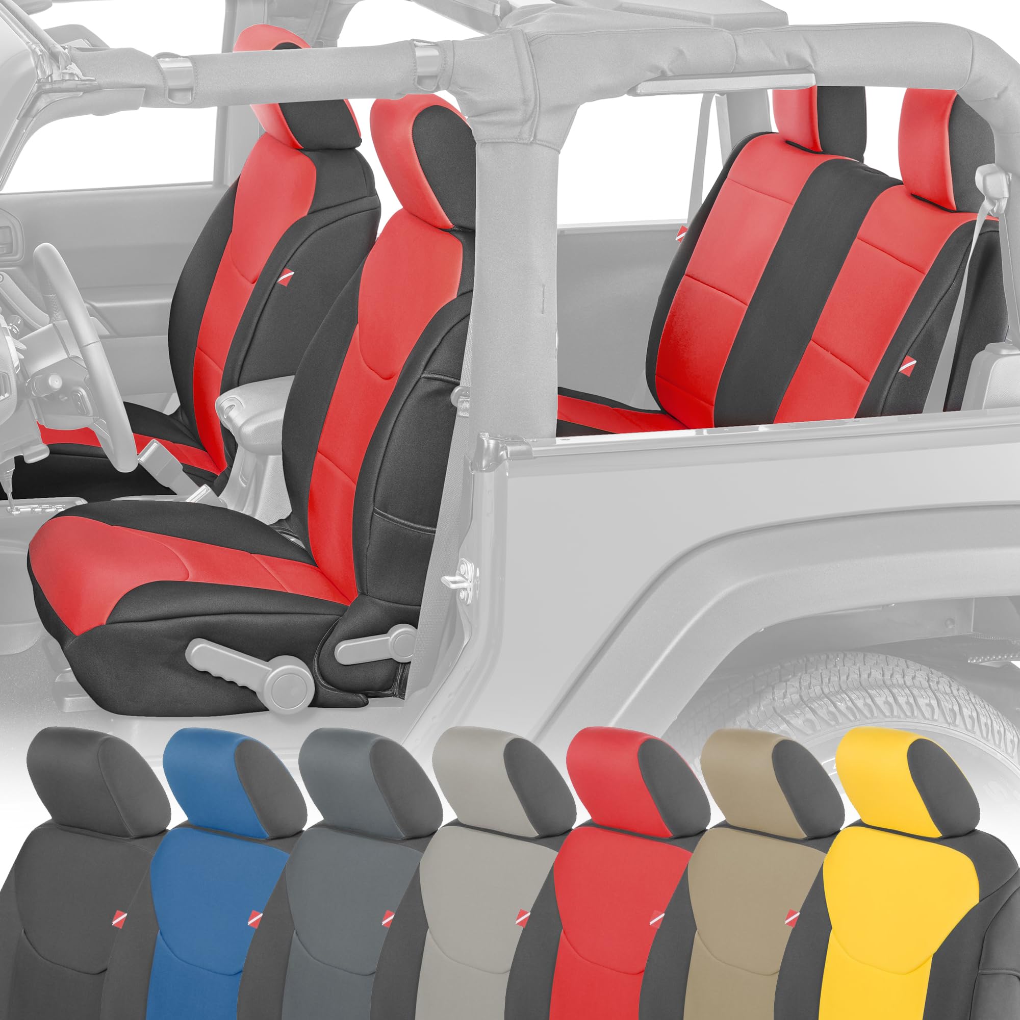 Diver Down Neoprene Seat Cover Set - Fits Jeep JK 2007-2018 Wrangler 2-Door - Front and Back Seat Set - Custom Fit - Soft Padded Cushion Feel (Without Jeep Logo, Red, 11-12)