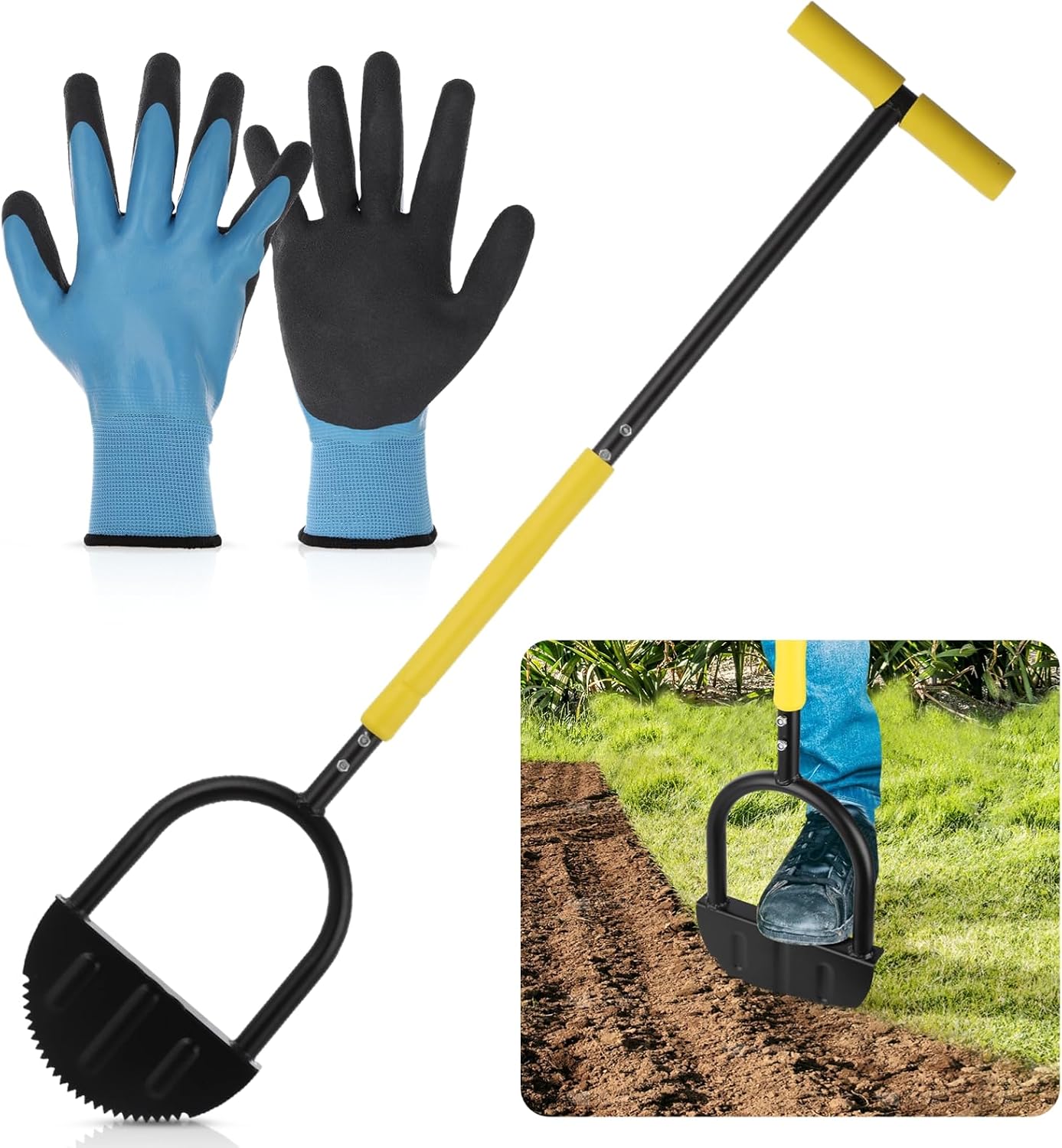 Manual Saw-Tooth Edger with Long Handle Plus T-Grip, Half Moon Lawn Edger Tool with Latex Gloves, Steel Step Edger for Neat Lines On Gardens, Driveways, Sidewalks, Flower Beds