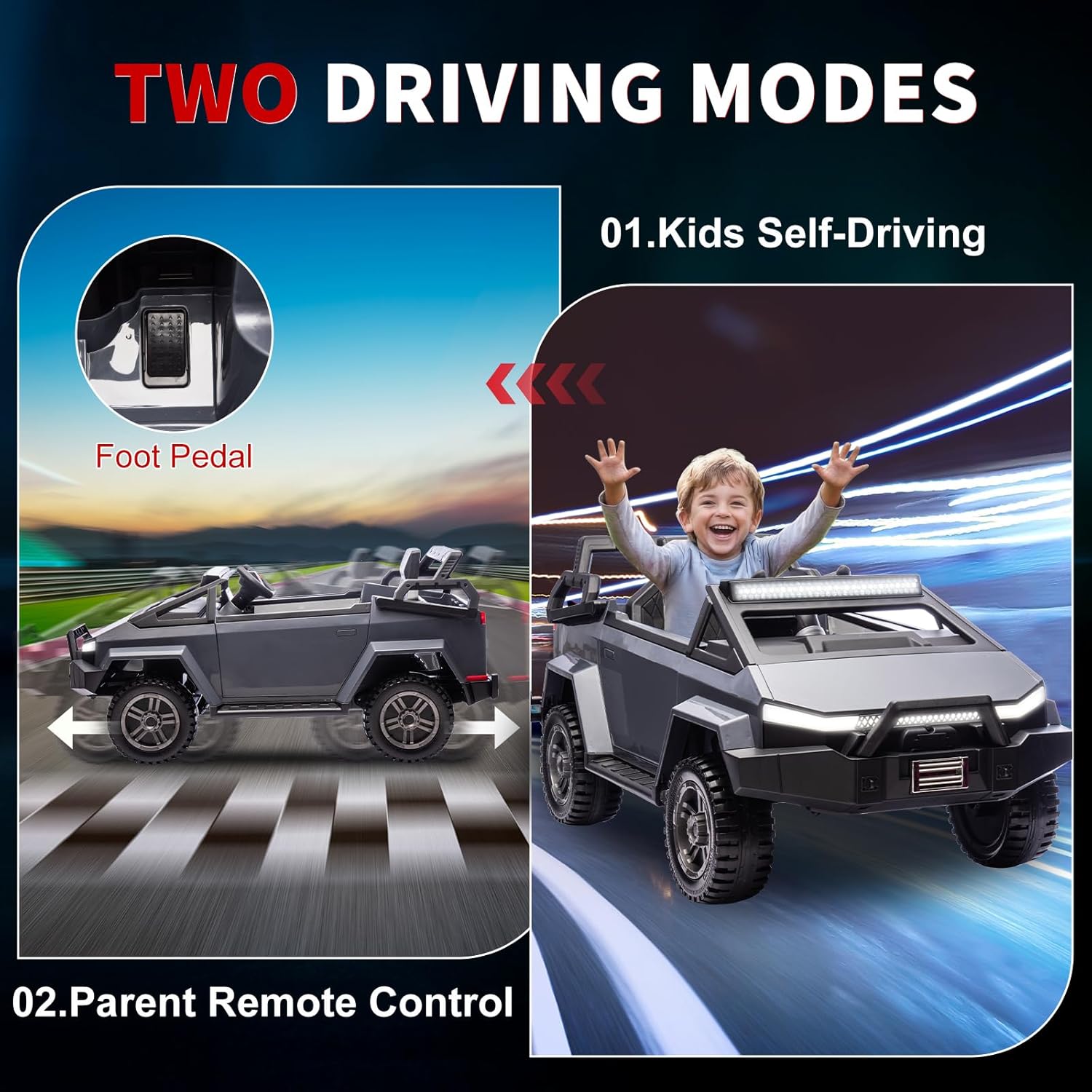DIKEP Futuristic Electric Pickup Truck for Kids, 12V Ride on Toy with Parent Remote Control, Startup Sound, Wider Seat, Spring Suspension, Music Player, LED Lights, 2 Motors, 3 Speeds - Gray