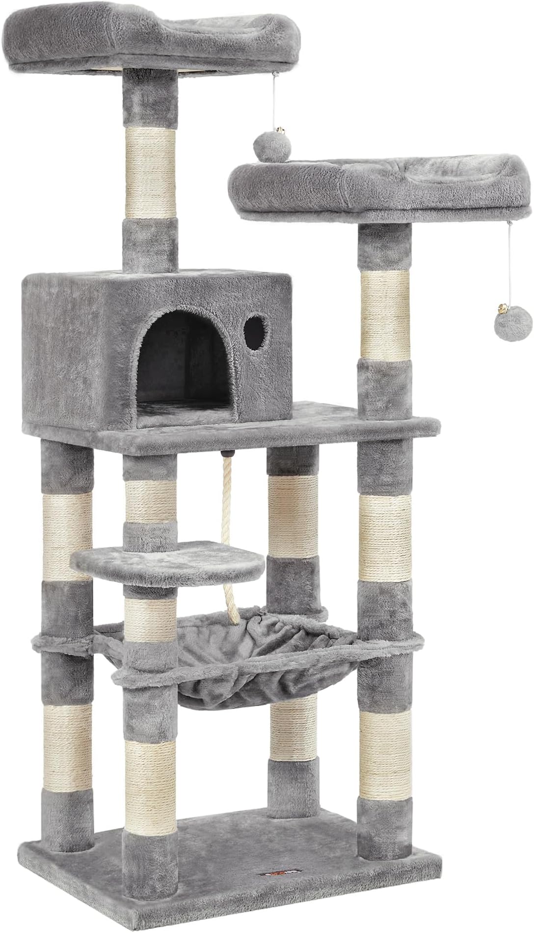 Feandrea Cat Tree, 55.8-Inch Cat Tower, Multi-Level Plush Condo with 11 Scratching Posts, 2 Perches, Hammock, Cave, Light Gray UPCT15W