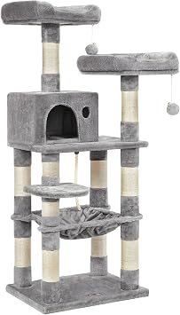 Feandrea Cat Tree, 55.8-Inch Cat Tower, Multi-Level Plush Condo with 11 Scratching Posts, 2 Perches, Hammock, Cave, Light Gray UPCT15W