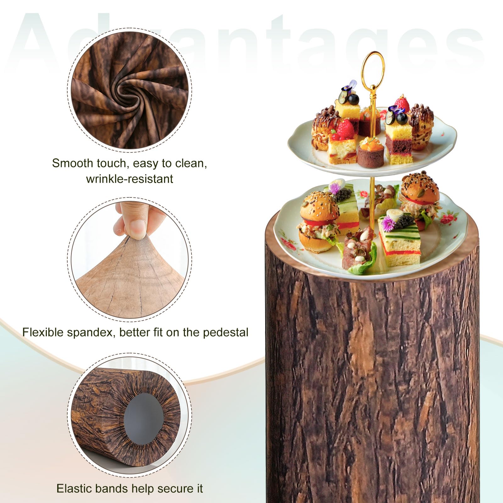 QUARKZMAN Set of 3 Housses De Socle Cylindrique Texture Bois, Housse De Socle Pour Décoration De Fête Mariage Anniversaire, Contient Uniquement (Tissu Élastique - Grand)