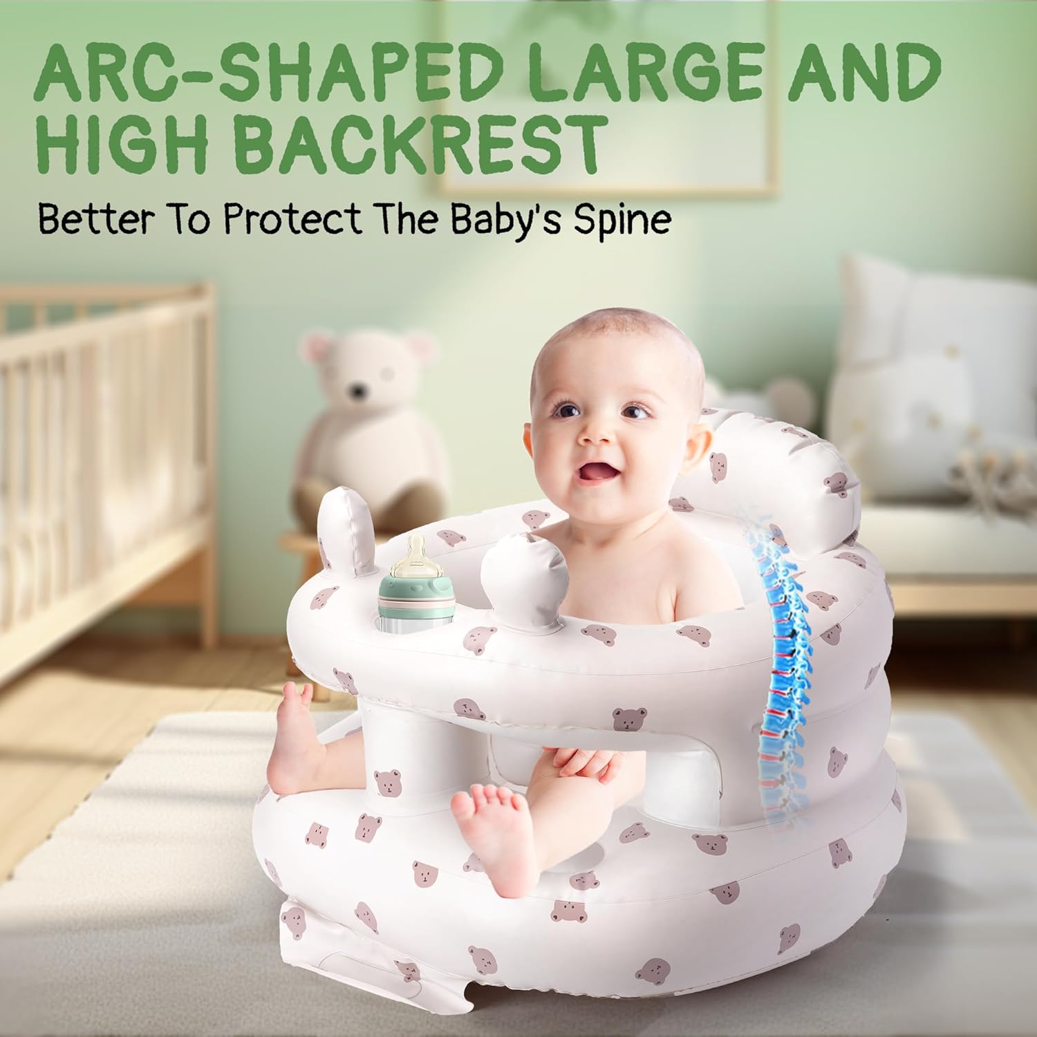 Inflatable Baby Seat for Babies 3-36 Months, Aloxina Sit Me Up Floor Chair with Built-in Air Pump, Squeaky Ears & Full Surround Design, Infant Support Seat for Sitting & Feeding (Bear)