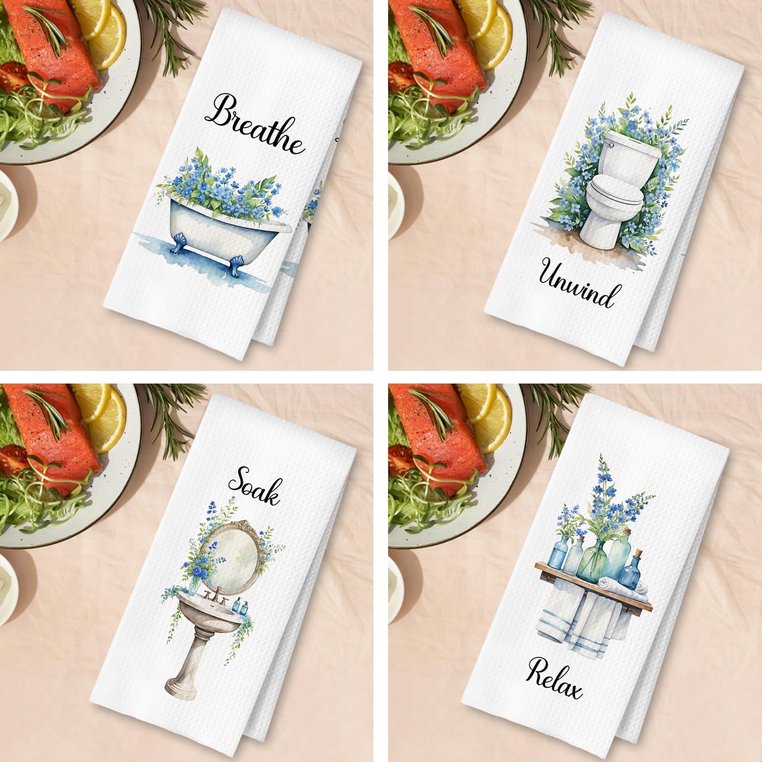 Farmhouse Blue Botanical Bathroom Hand Towels, Rustic Cottagecore Relax Breathe Soak Unwind Floral Decorative Hand Towels for Bathroom Yoga Spa Decor, 16x24 Inches Set of 4 - Image 4