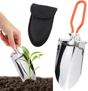Folding Camping Shovel, Mini Lightweight Garden Shovel, Stainless Steel Hiking Trowel Entrenching Tool, Digging Shovel with Carrying Pouch, for Planting, Transplanting, Weeding, Digging Soil8.8inch