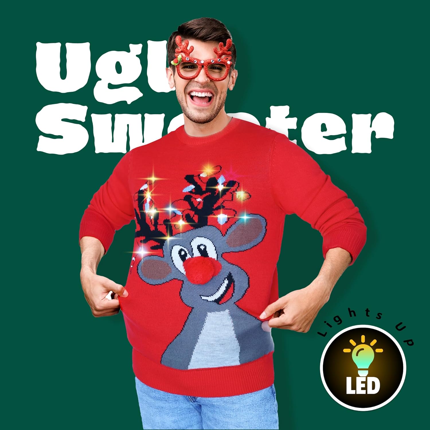 BLACKBARK LED Ugly Christmas Sweater - Light Up, Novelty Long Sleeve, Funny Knitted Pullover with Lights for Men Women - Image 2