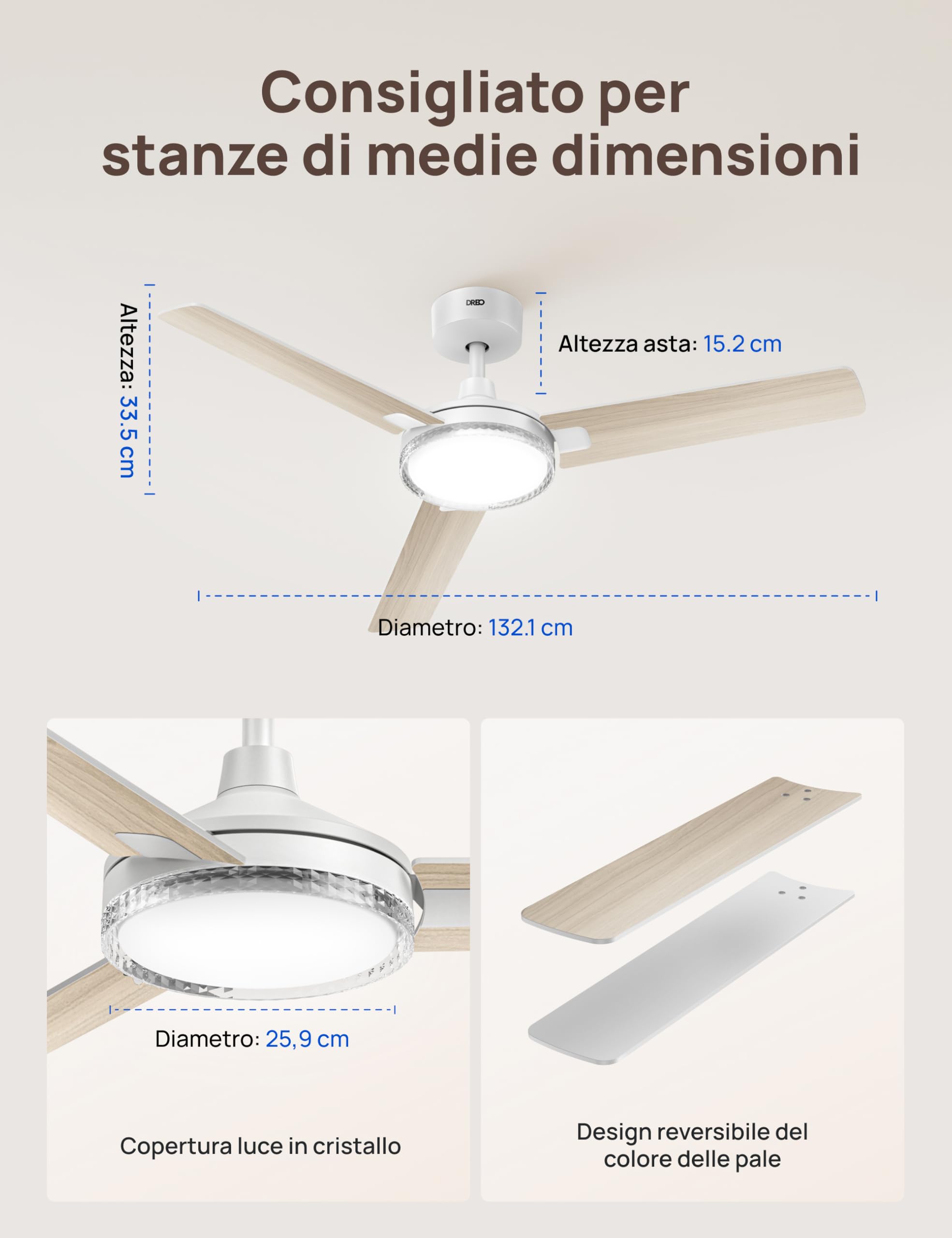 DREO ventilatore da soffitto smart 132 cm con luce, 12 velocità e 3 modalità, temperatura regolabile, LED dimmerabile, timer 1–12 h, motore CC silenzioso, app, Alexa e interruttore, bianco