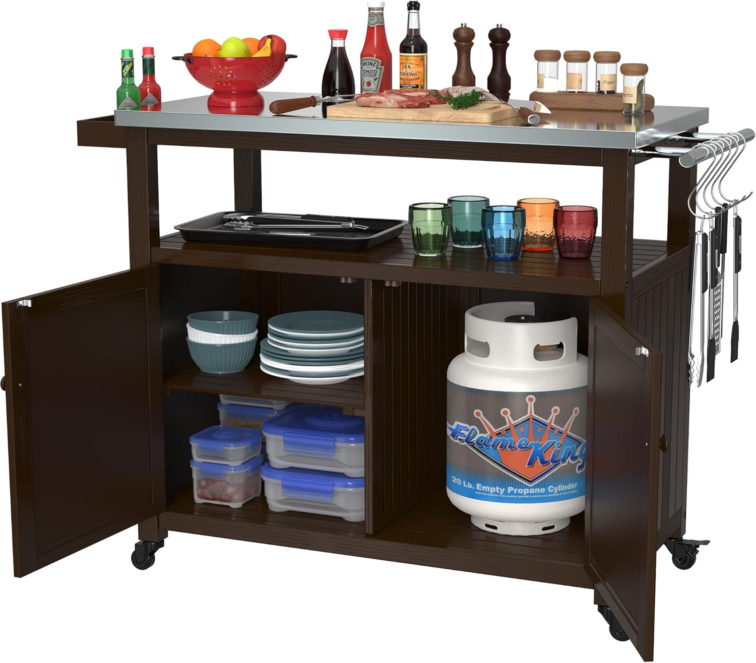 GDLF Outdoor Prep Table Grill Station, Mobile Dining Cart Portable Solid Wood Storage Cabinet with Stainless Steel Top Waterproof Cover, Dark Brown : Patio, Lawn & Garden