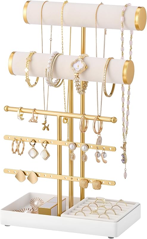 Lolalet Soporte para Exhibición de Pulseras, Soporte para Collares, Organizador de Joyas de 5 Niveles y Estante de Almacenamiento con Ranura de Terciopelo y Base de Metal, para Mujer, Brazaletes, Relojes, Anillos, Pendientes -Blanco
