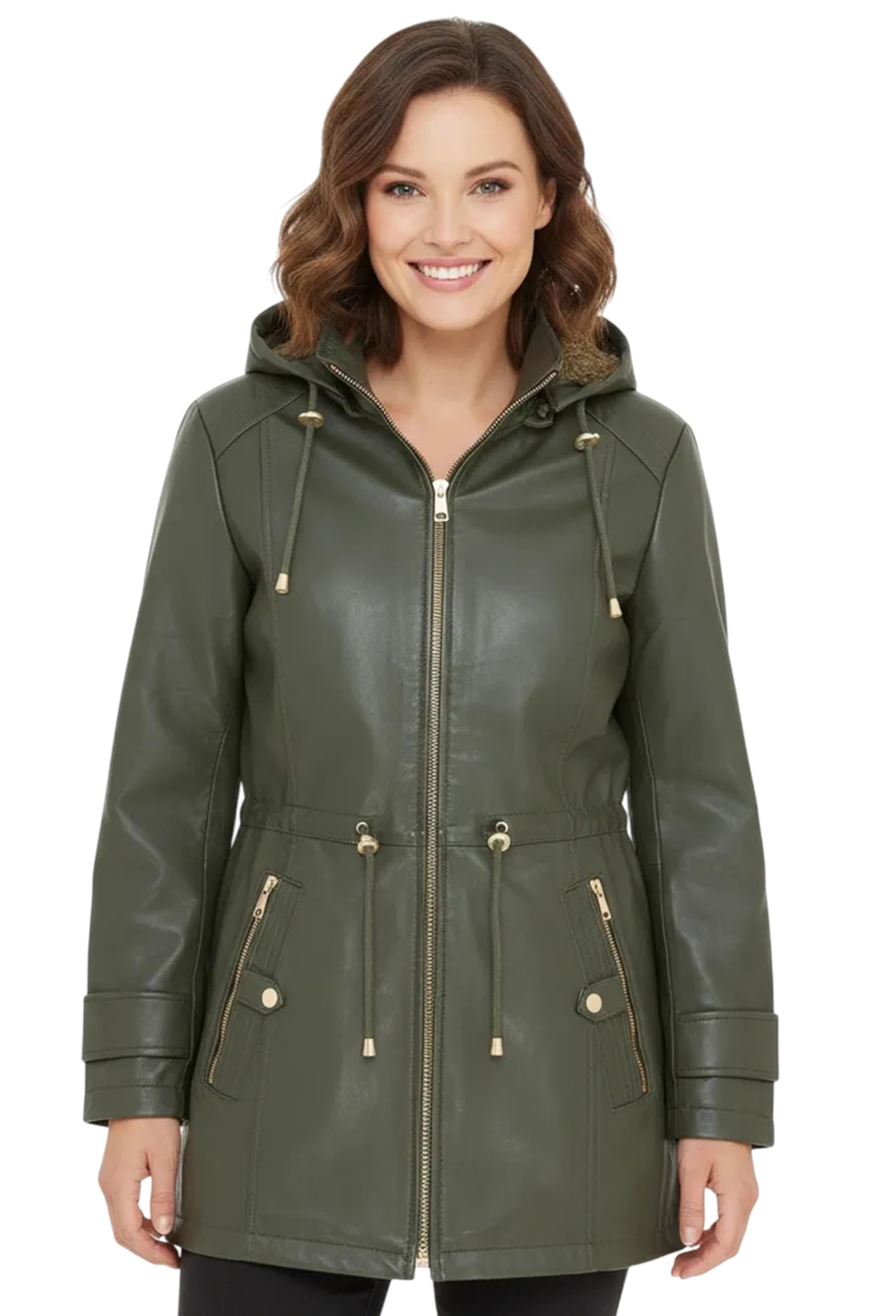 Womens Leather Parka Jacket Removable Borg Hooded Trench Coat