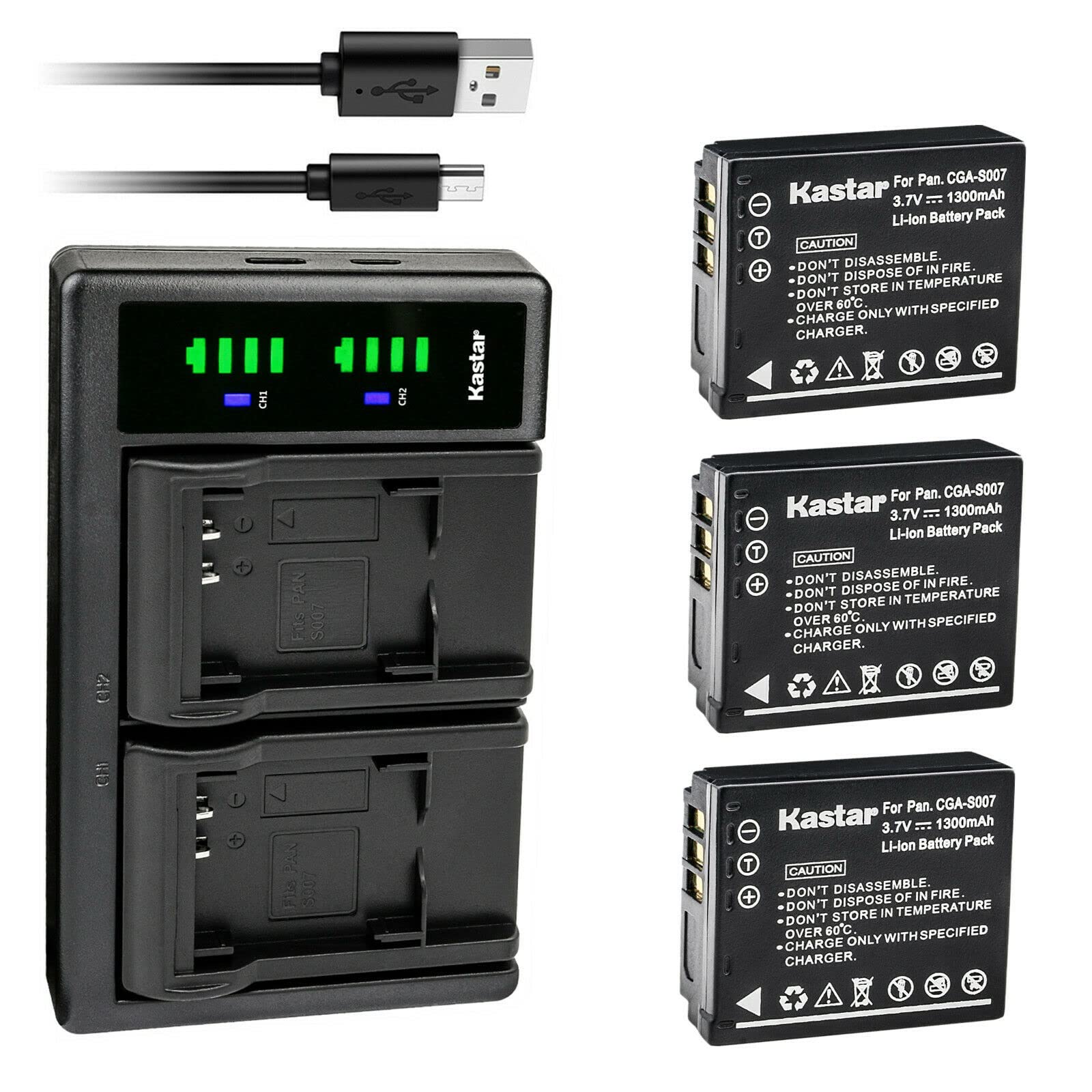 Kastar 3-Pack CGA-S007 Battery and LTD2 USB Charger Compatible with Panasonic CGA-S007 CGA-S007A CGA-S007A/1B CGA-S007E, CGR-S007, DMW-BCD10 Battery,