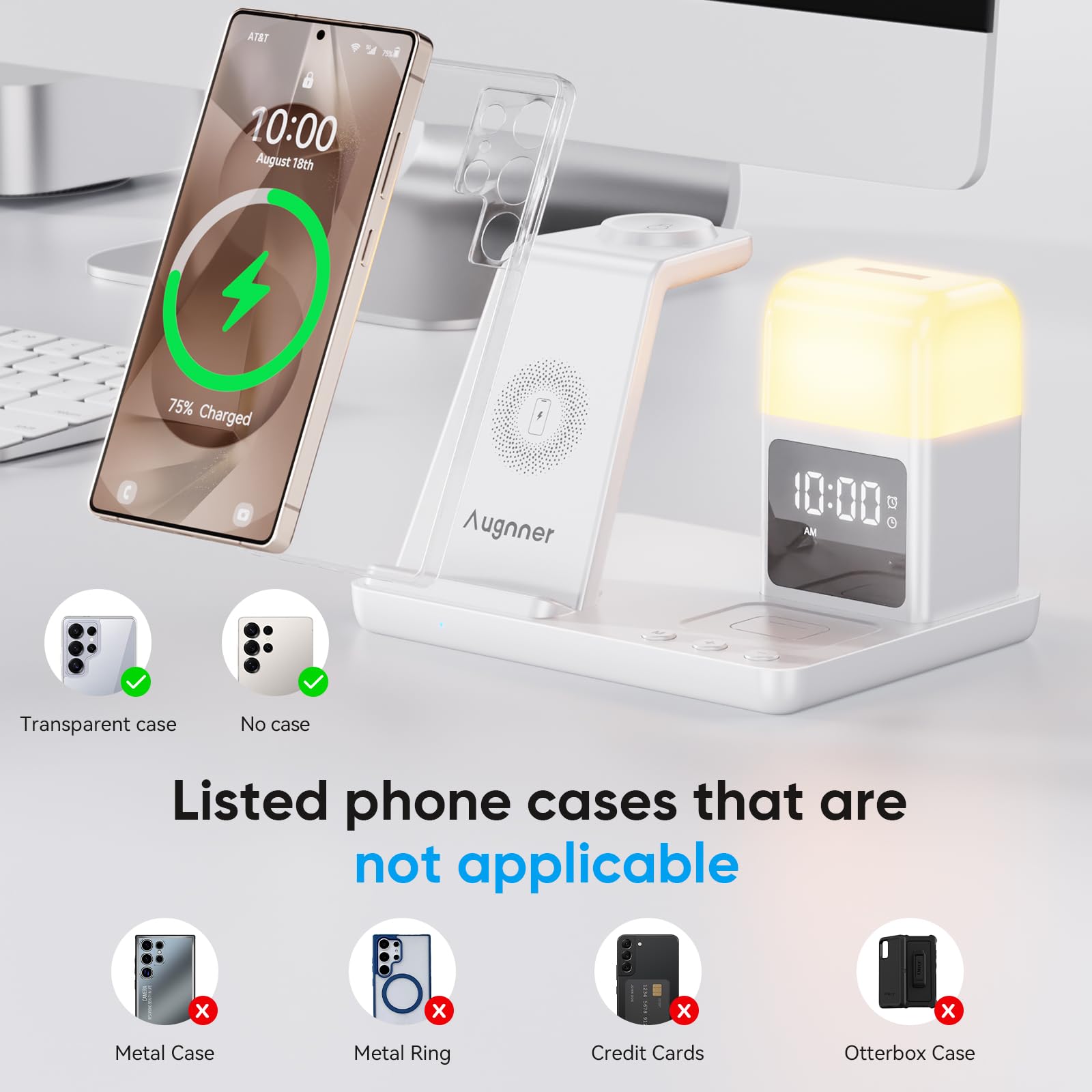 Augnner Caricabatterie wireless per, stazione di ricarica wireless 6 in 1 con sveglia, compatibile con Galaxy S25 S24 S23 S22 Ultra S21 Z Flip6 Fold6/5 Galaxy Watch Ultra/6/5/4/3