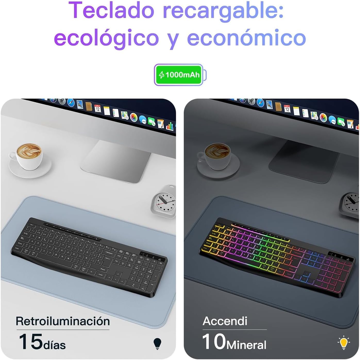 TECURS WK007 keyboard showing rechargeable feature and battery life