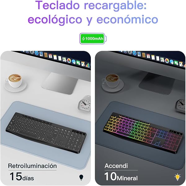 TECURS Teclado Gaming inalámbrico- Teclado QWERTY Silencioso, Ergonómico, Impermeable, 2.4Ghz LED Retroiluminado, Anti-Ghosti - 3