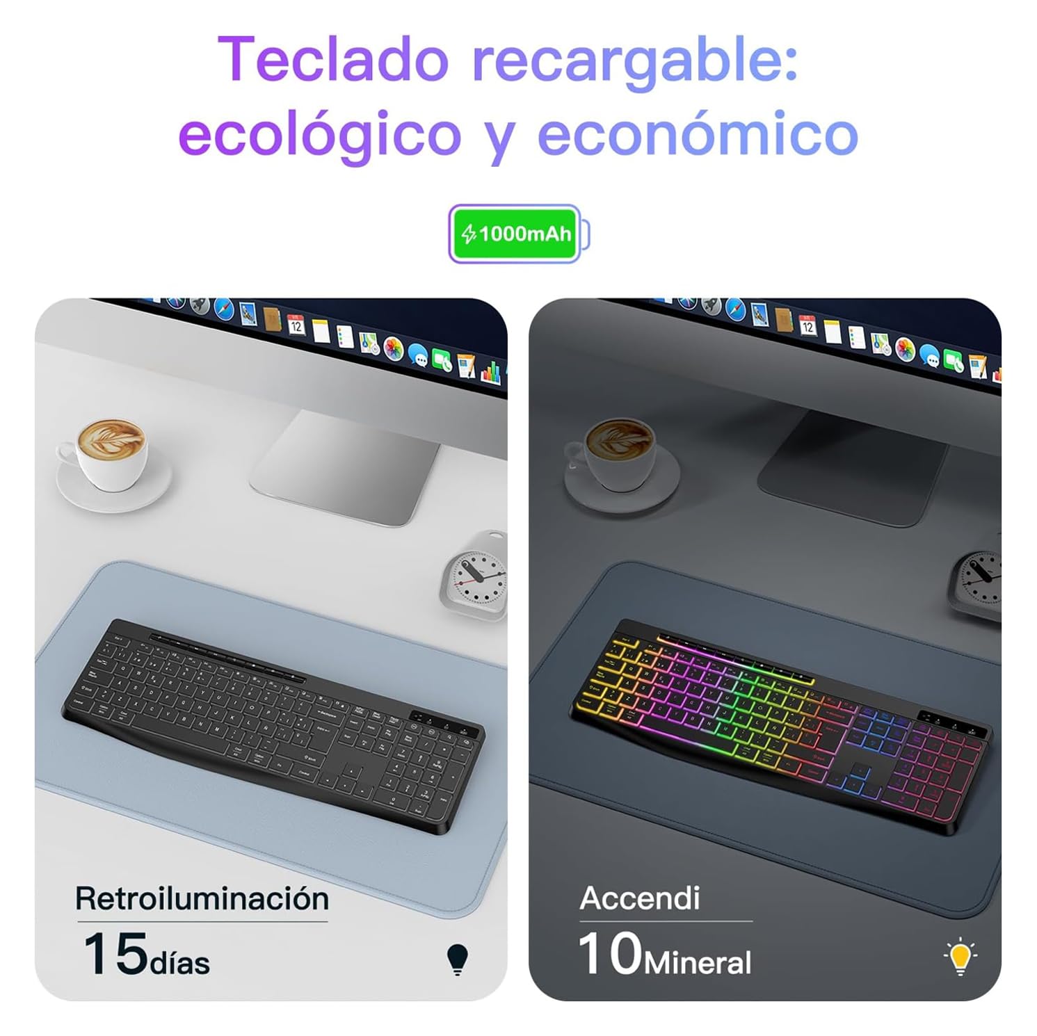 TECURS Tastiera Gaming Wireless - Tastiera QWERTY silenziosa, ergonomica, impermeabile, 2,4 GHz LED tastiera illuminata per PC/computer/Mac/Windows con tasti multimediali