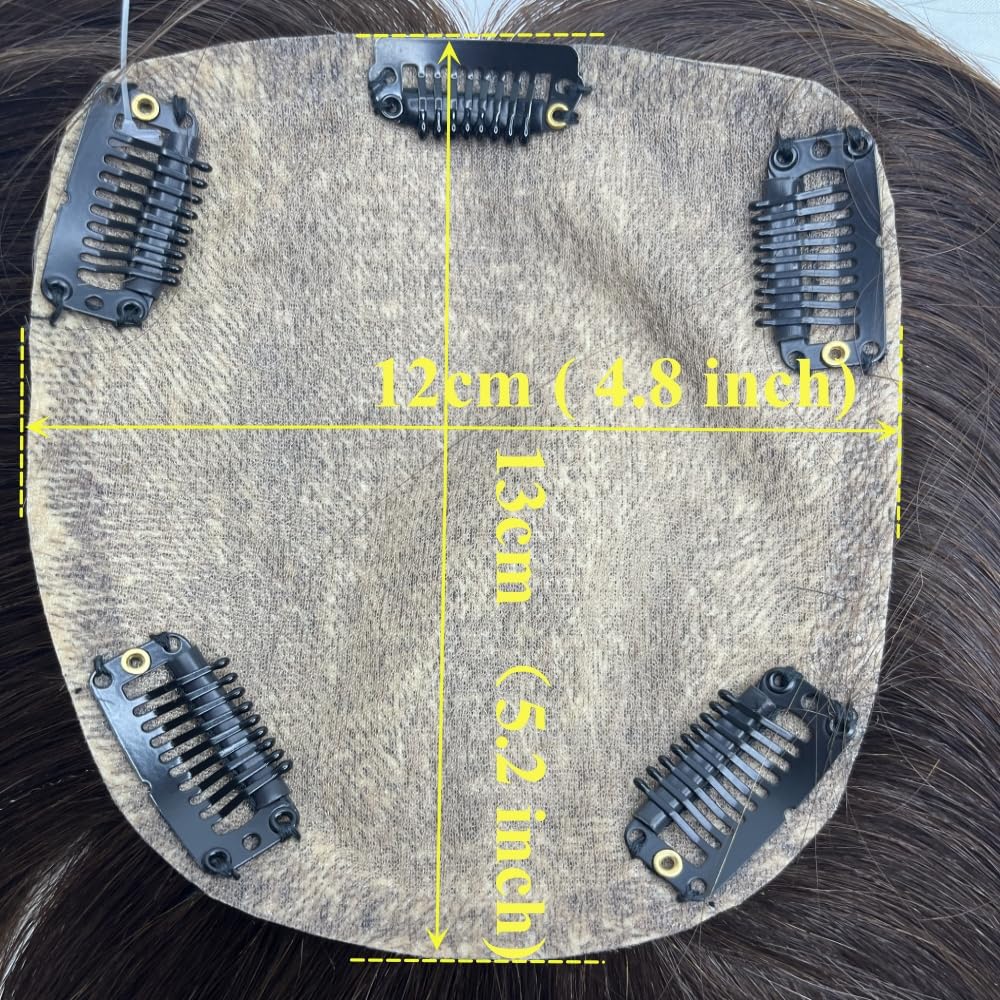 Anemone Silk Base Human Hair Topper For Spot Bald Middle Part Side Bangs Straight Lace Human Hair Partial Wig 5 Clips in Hairpieces Extensions 12X13cm Artificial Scalp (12 inch, Dark Brown)