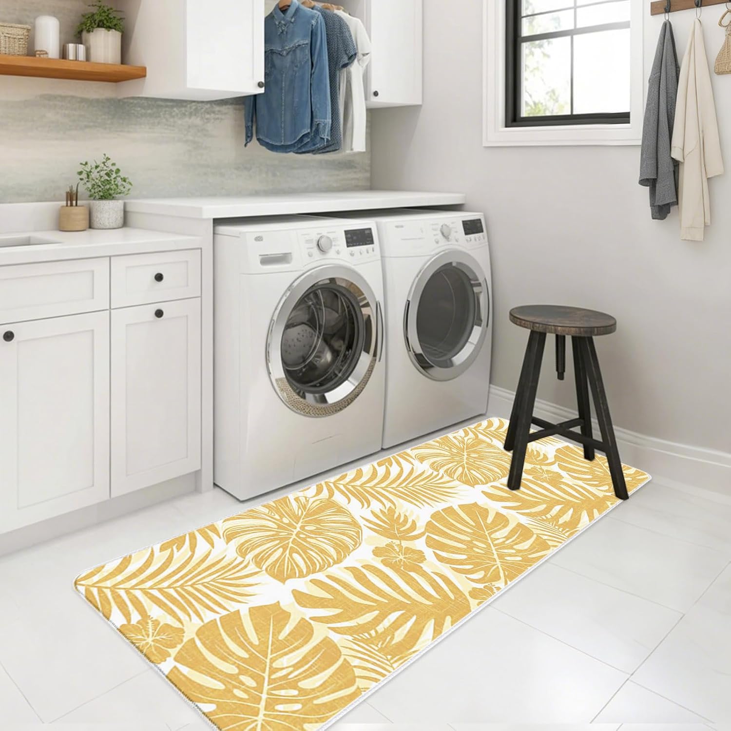 Yellow Palm Leaves Kitchen Mats Set of 2 Tropical Botanical Minimalist Modern Non Slip Mat Washable Floor Rug for Kitchen Sink Floor Laundry, 19.7"x31.5"+19.7"x47.2"