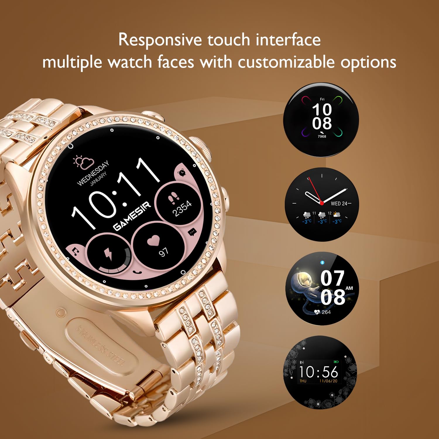 GameSir Premium Luxurious Gen 9 Smartwatch, HD Display Gold Metal Strap & Activity Tracker, Bluetooth Calling, Customizable Watch Faces, Water Resistant Smartwatch for Women & Girls(Rose Gold) 3
