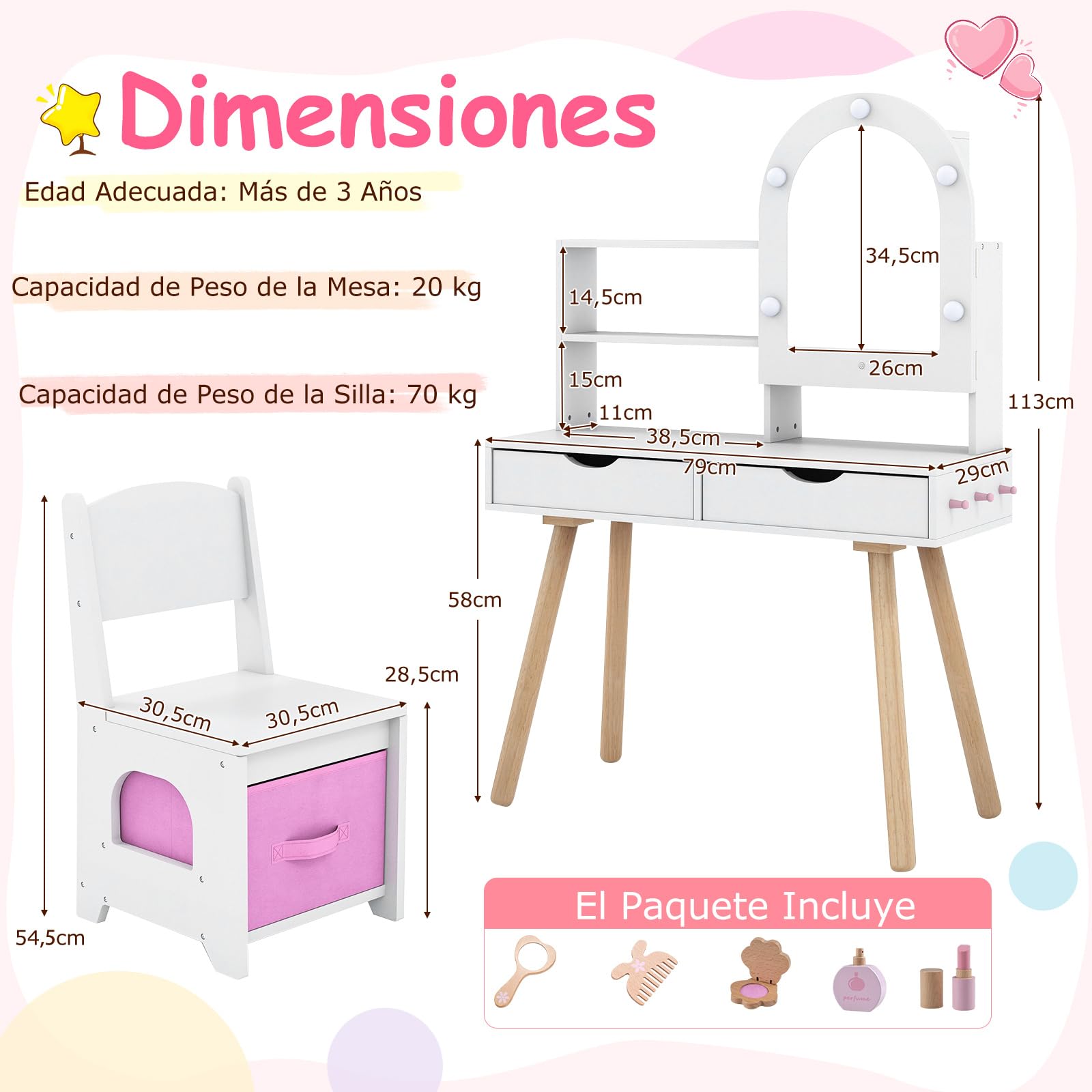 COSTWAY Tocador de Maquillaje Niña, Tocador Niña Madera con Espejo Iluminado, Estantes Abiertos y Cajones de Almacenamiento, Juego de Mesa de Maquillaje Estilo Conejito para Niños de 3+ Años (Blanco)