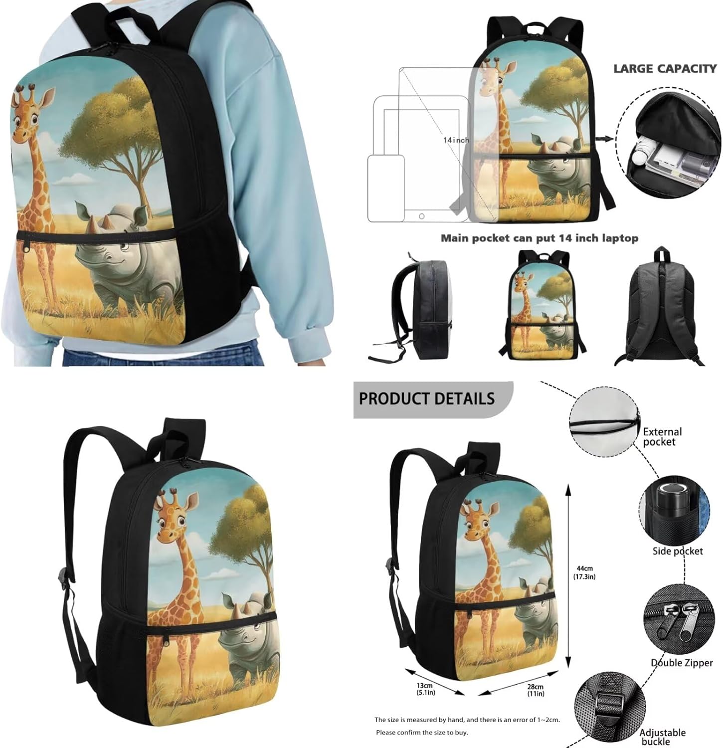 Giraffe Girls Backpack and Lunch Box Set Rhinoceros Pattern Insulated Lunch Bag Kids Girls 17 Inch Large Capacity Teen Bookbag 4 Piece Cute Book Bag Purse for Kids