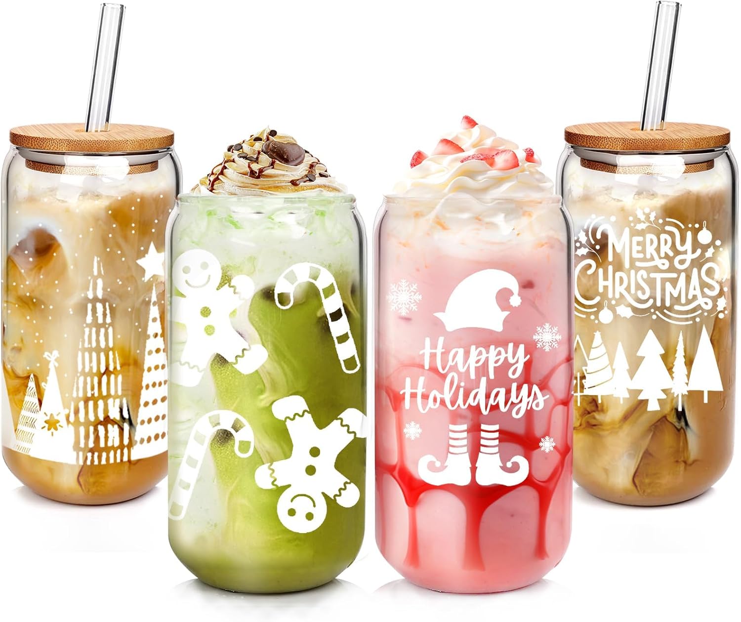 Valentine Gift Coffee Cups with Lids and Straws, 18OZ Iced Coffee Cups with Lids, Cute Glass Cups Smoothie Cups Glass Tumbler, Valentine's Day Birthday Gift for Women Girls 4 Sets(White) Christmas 2