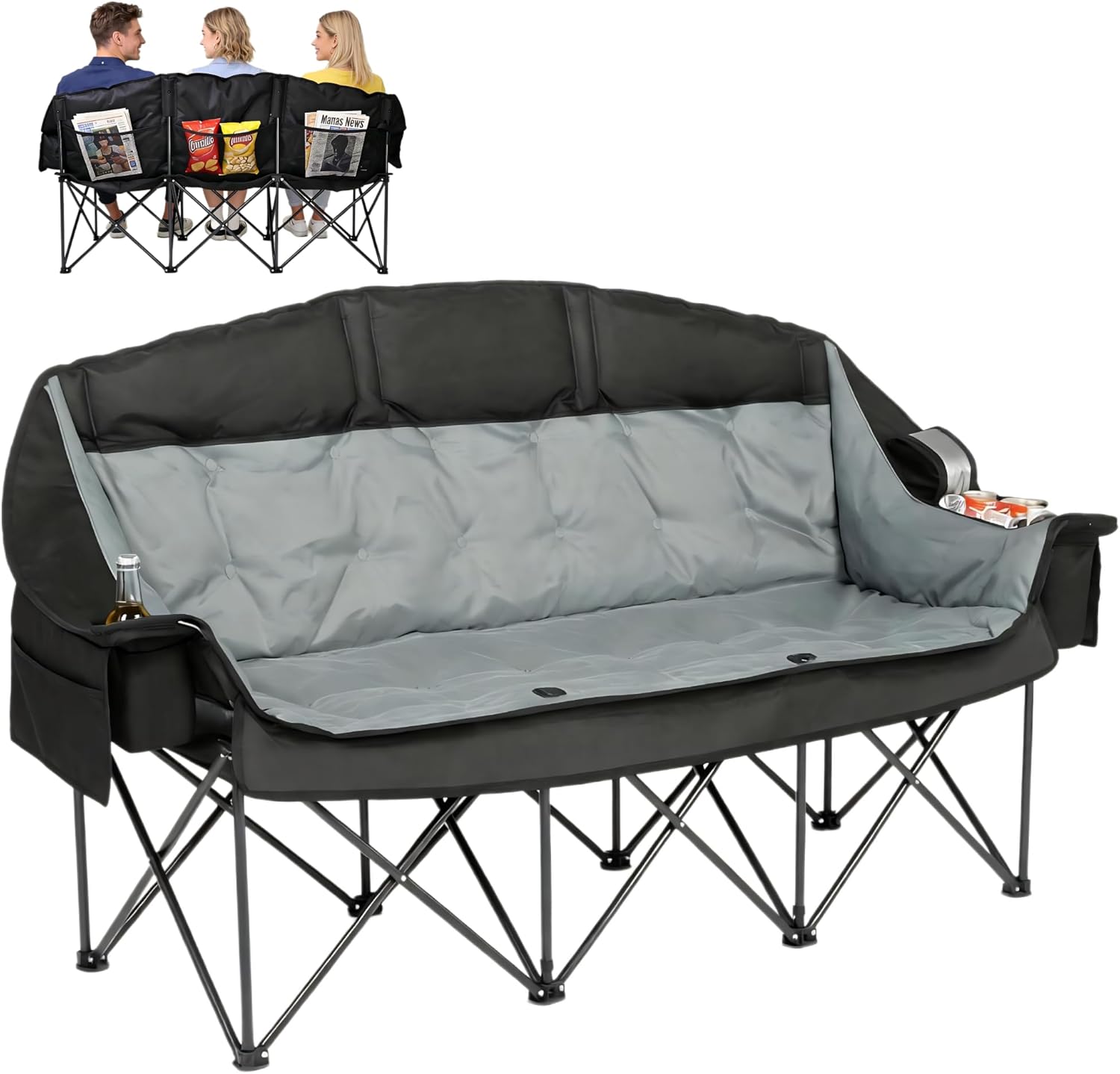 3 Person Camping Chair for Adults Padded Folding Double Camping Chair Oversized Heavy Duty Camping Loveseat with Cup Holders & Carry Bag, Portable Outdoor Lawn Chair for Beach, Backyard Black & Grey